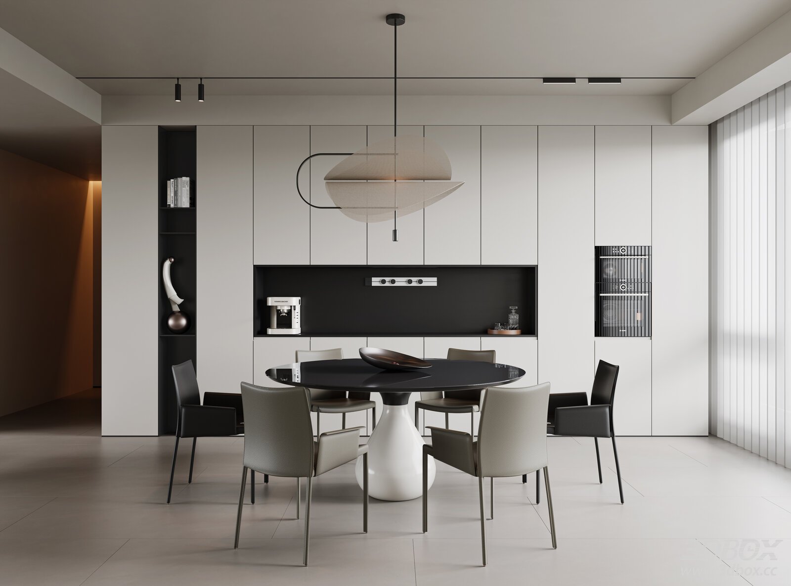 Italian Minimalist Dining Room Dining Room Dining Table Dining Chair Sideboard Chandelier 3D model - front view