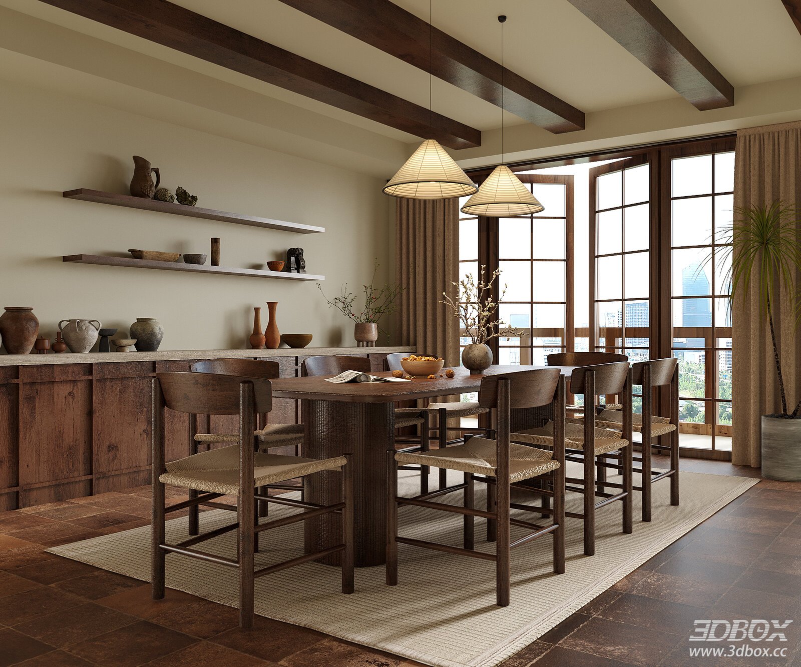Wabi Sabi Dining Room Dining Table Dining Chair Dining Room Chandelier 3D model - front view