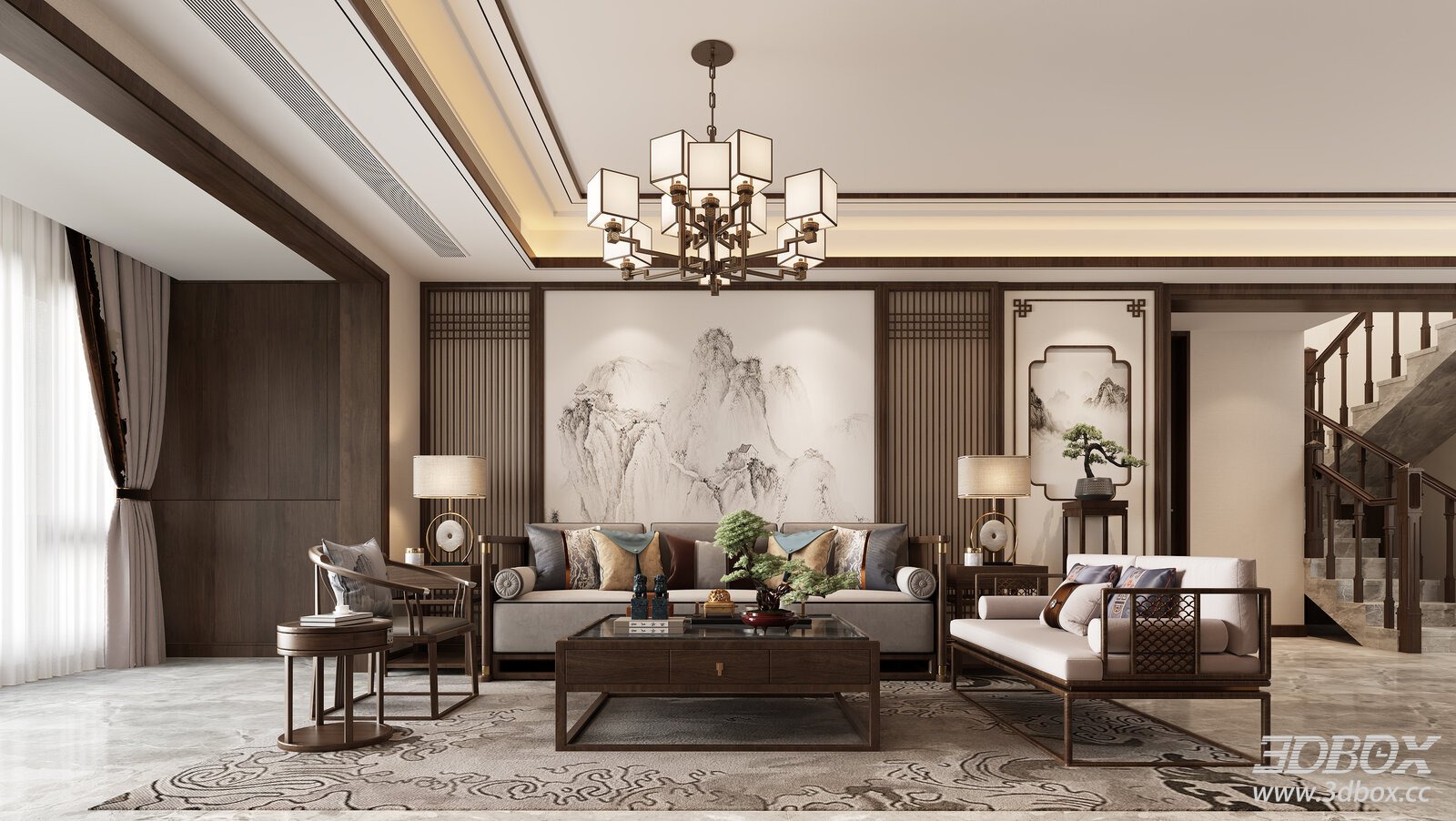 New Chinese Living Room 3D model - thumbnail 1