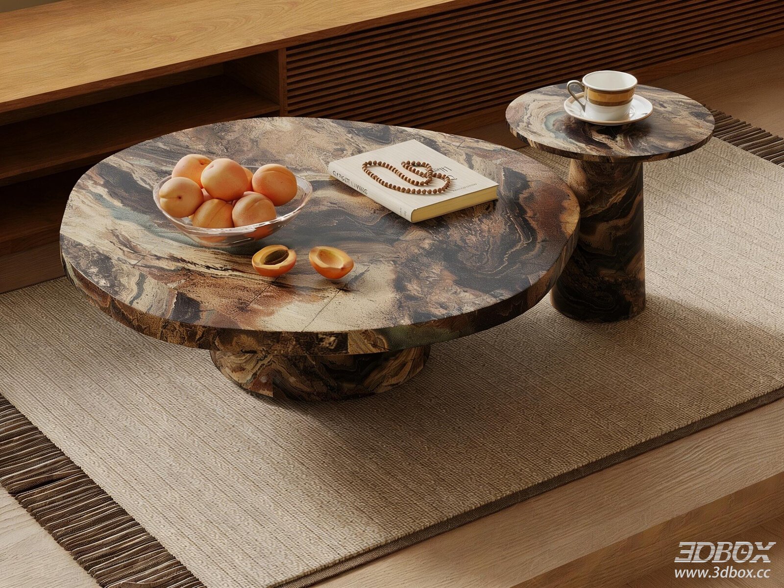 Vintage Coffee Table Vintage Stone Coffee Table Side Table Set 3D model - front view