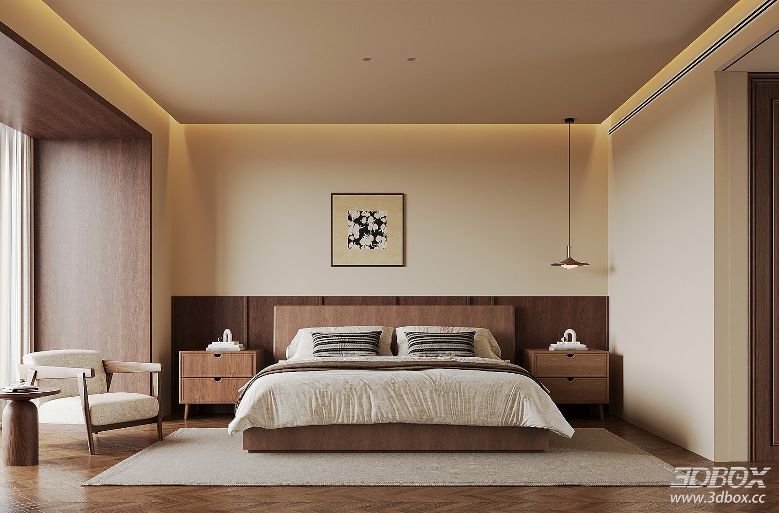 Modern Vintage Home Bedroom Double Bed Background Wall Nightstand 3D model - front view