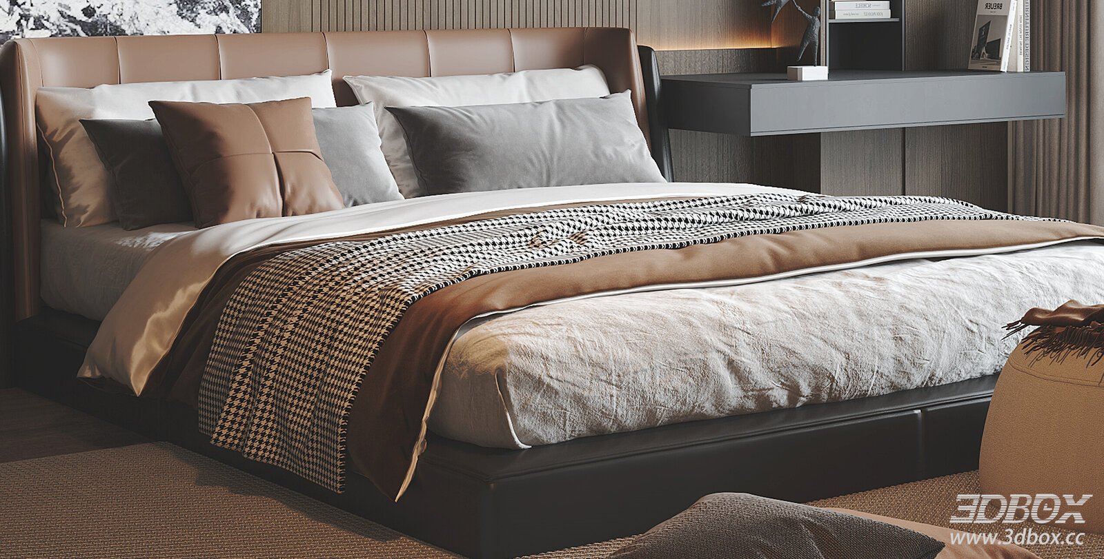 Modern Bedroom with Bed and Pillows 3D model - thumbnail 1