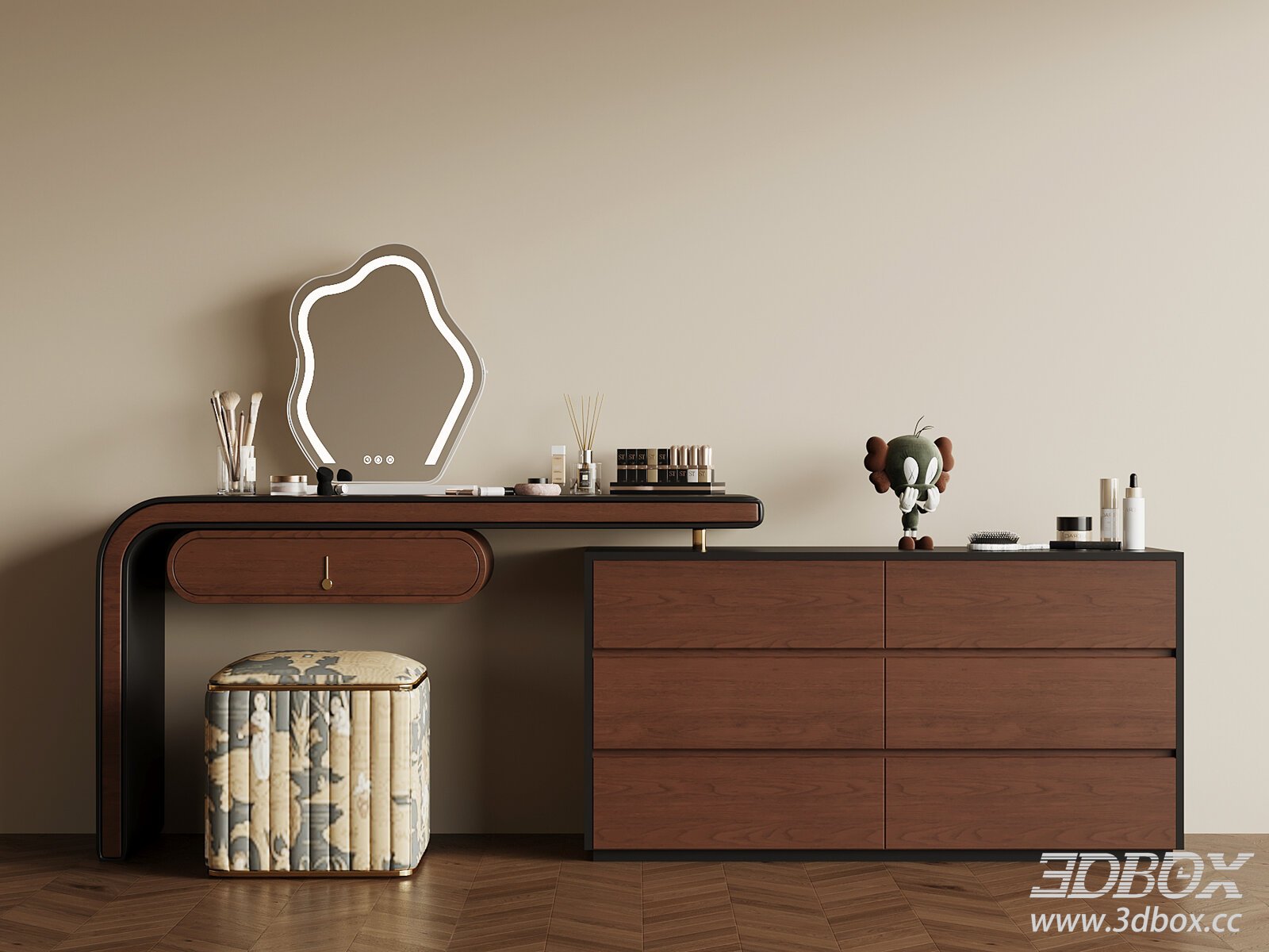 Modern Dressing Table with Mirror and Stool 3D model - thumbnail 1