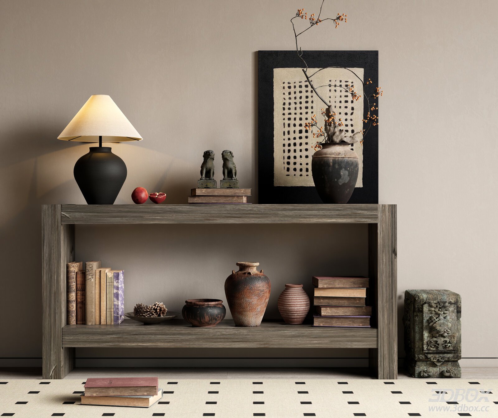 Wooden Shelf with Decorative Items 3D model - front view