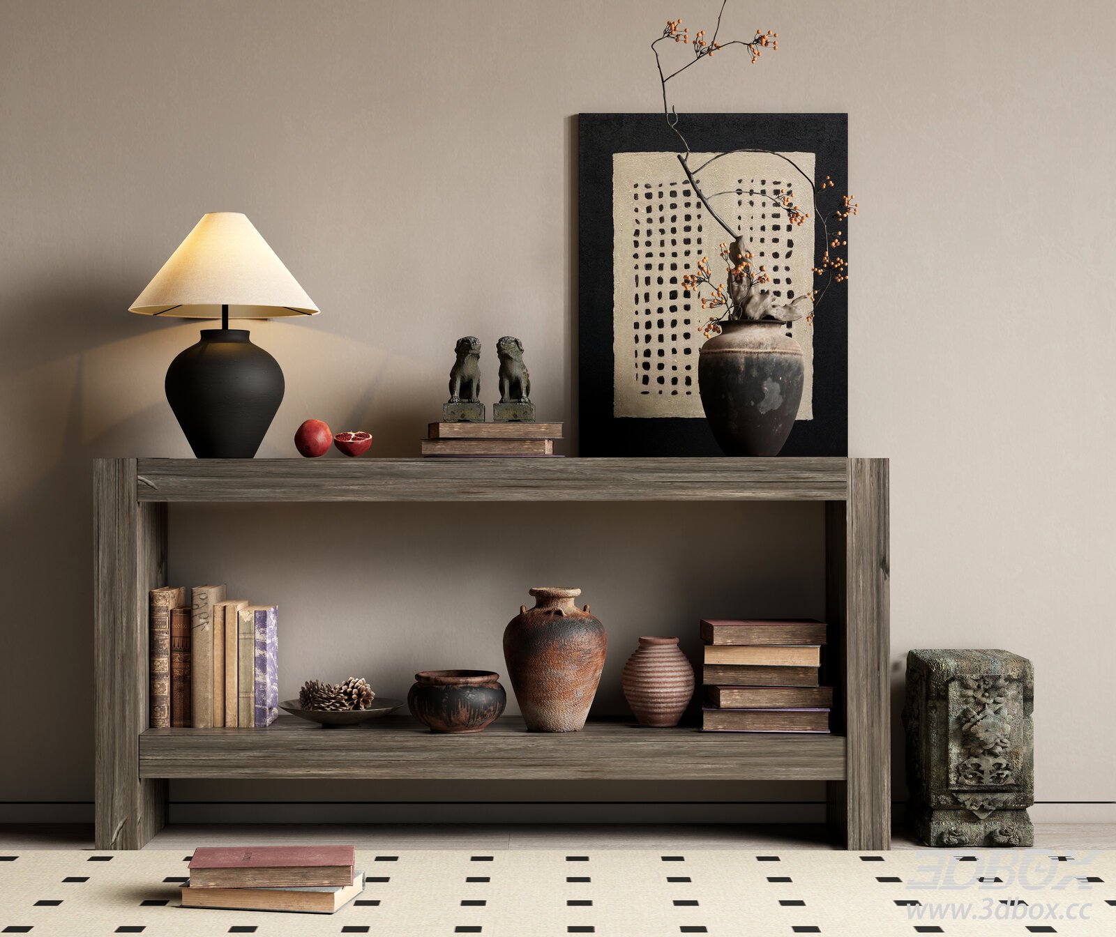 Wooden Shelf with Decorative Items 3D model - thumbnail 1