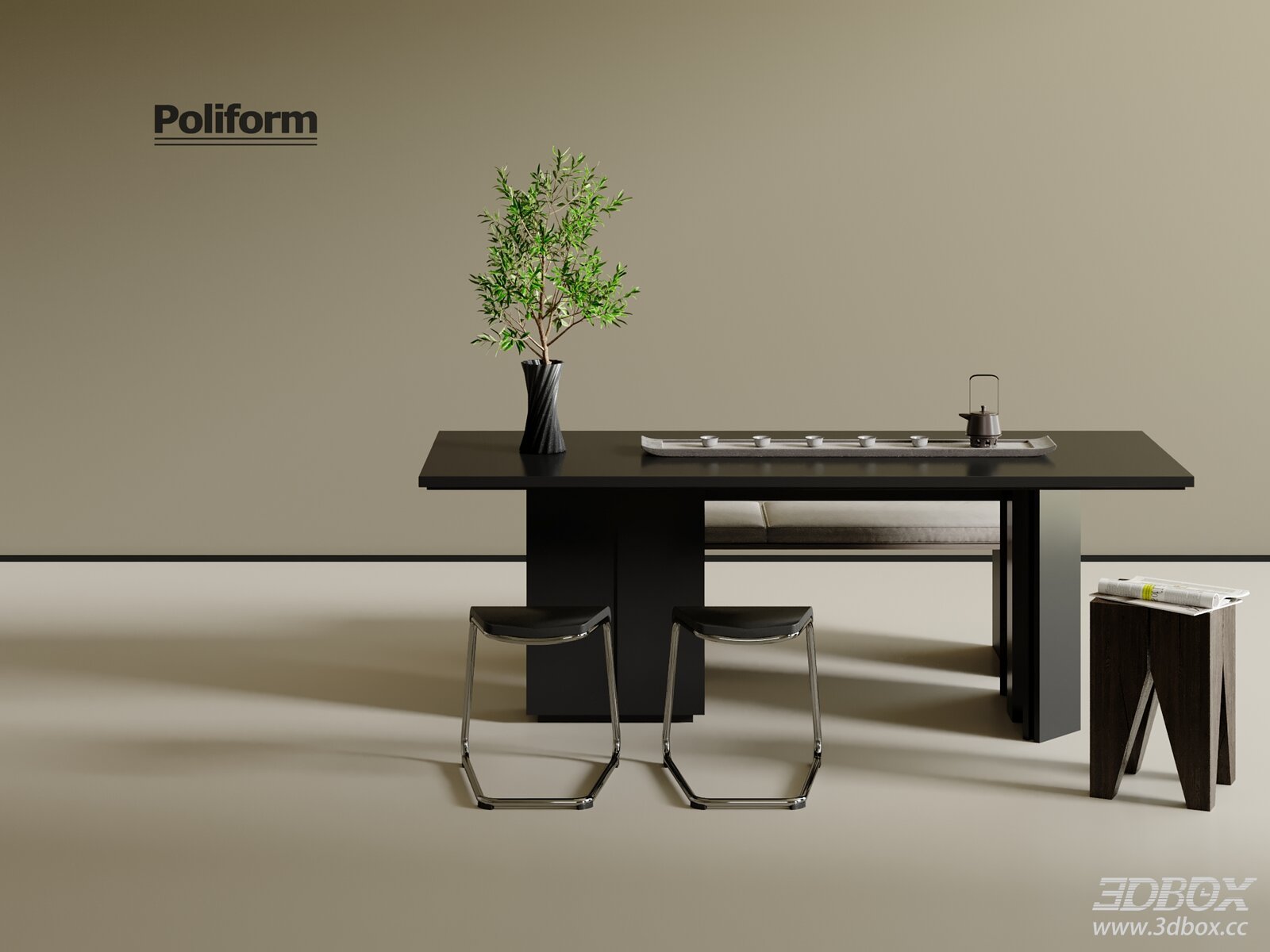 Modern Table and Chair Set with Plant Decoration 3D model - front view