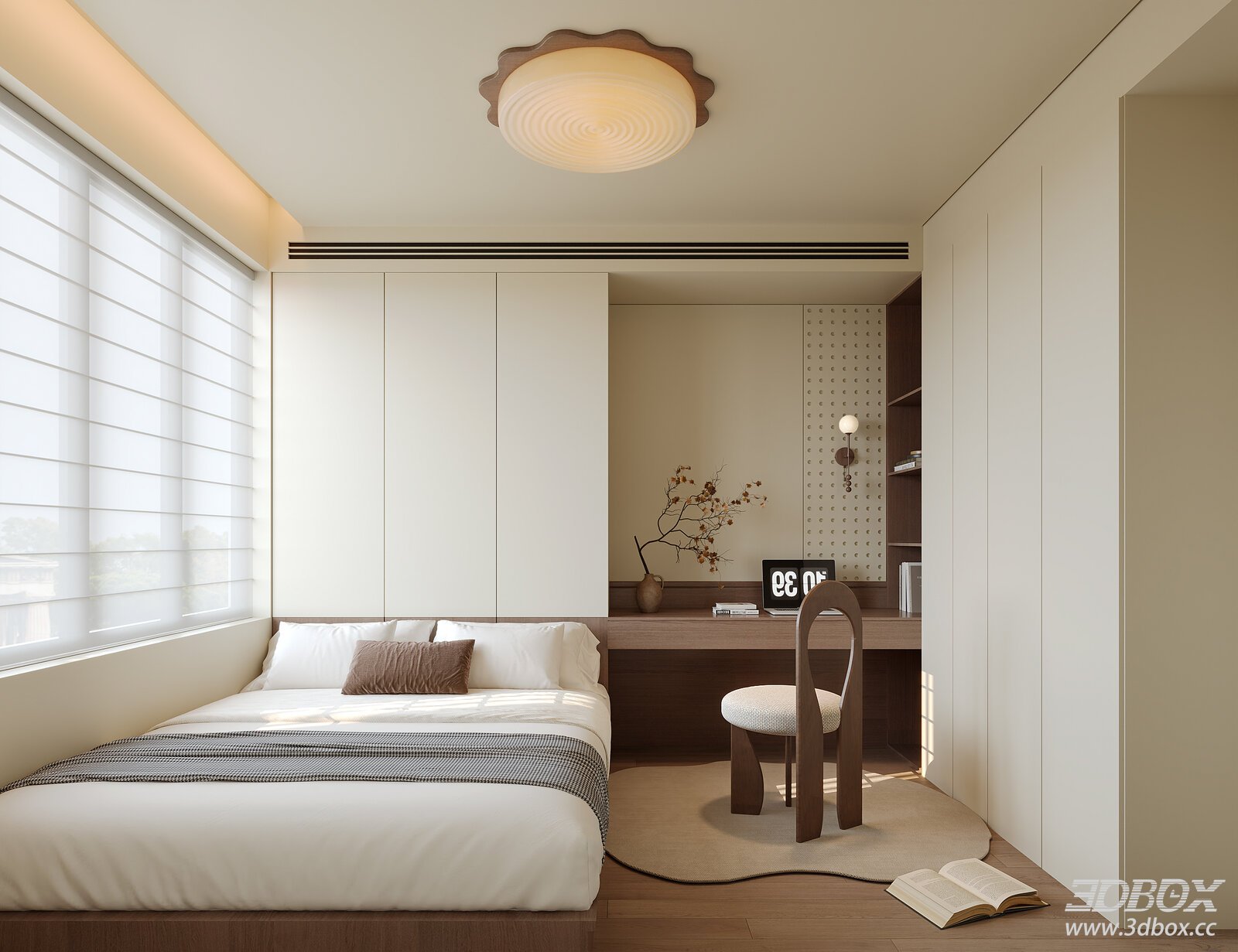 Modern Bedroom with Wooden Cabinet and Chair 3D model - front view