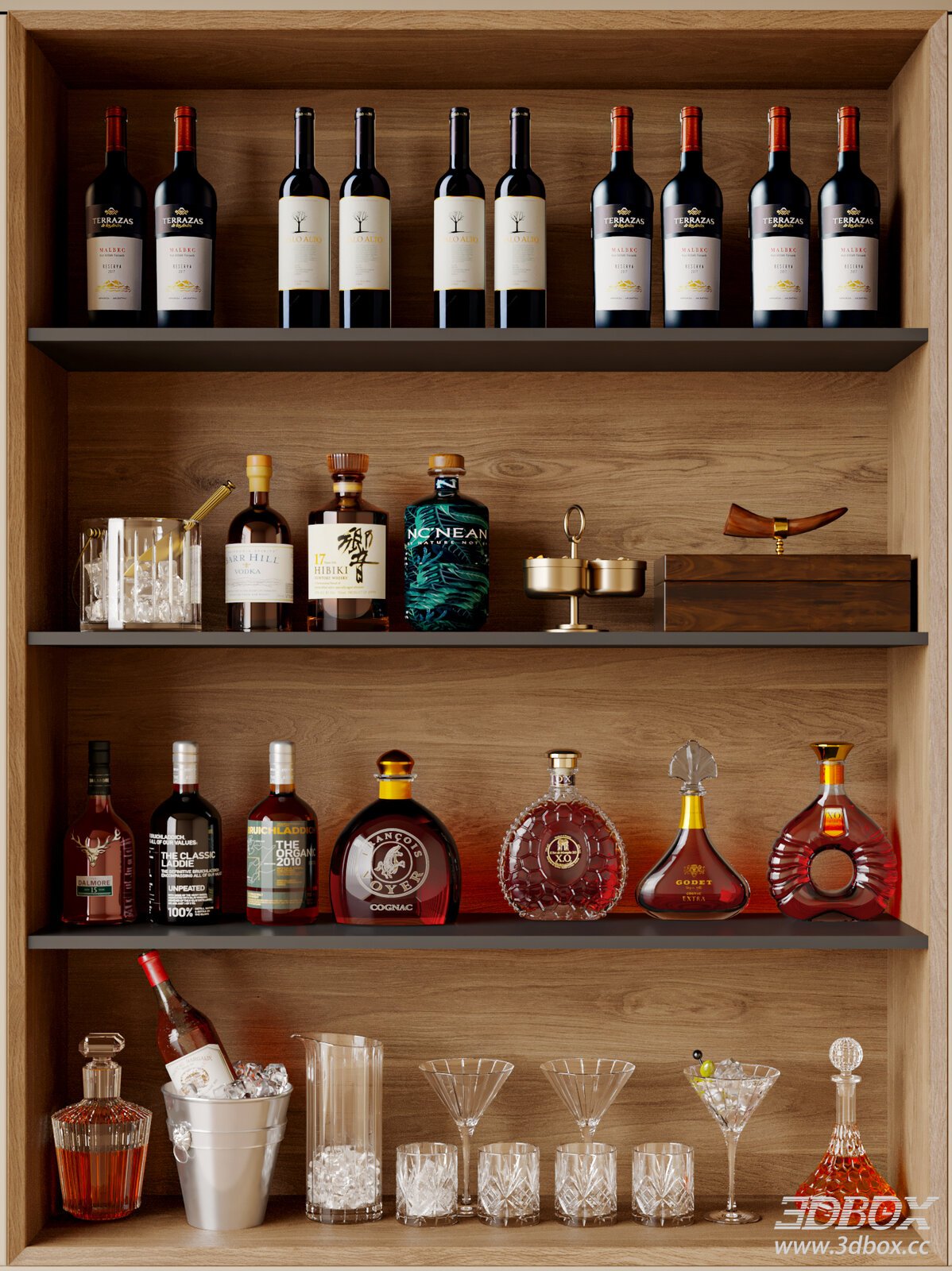 Modern Wine Cabinet with Bottles and Glasses 3D model - front view