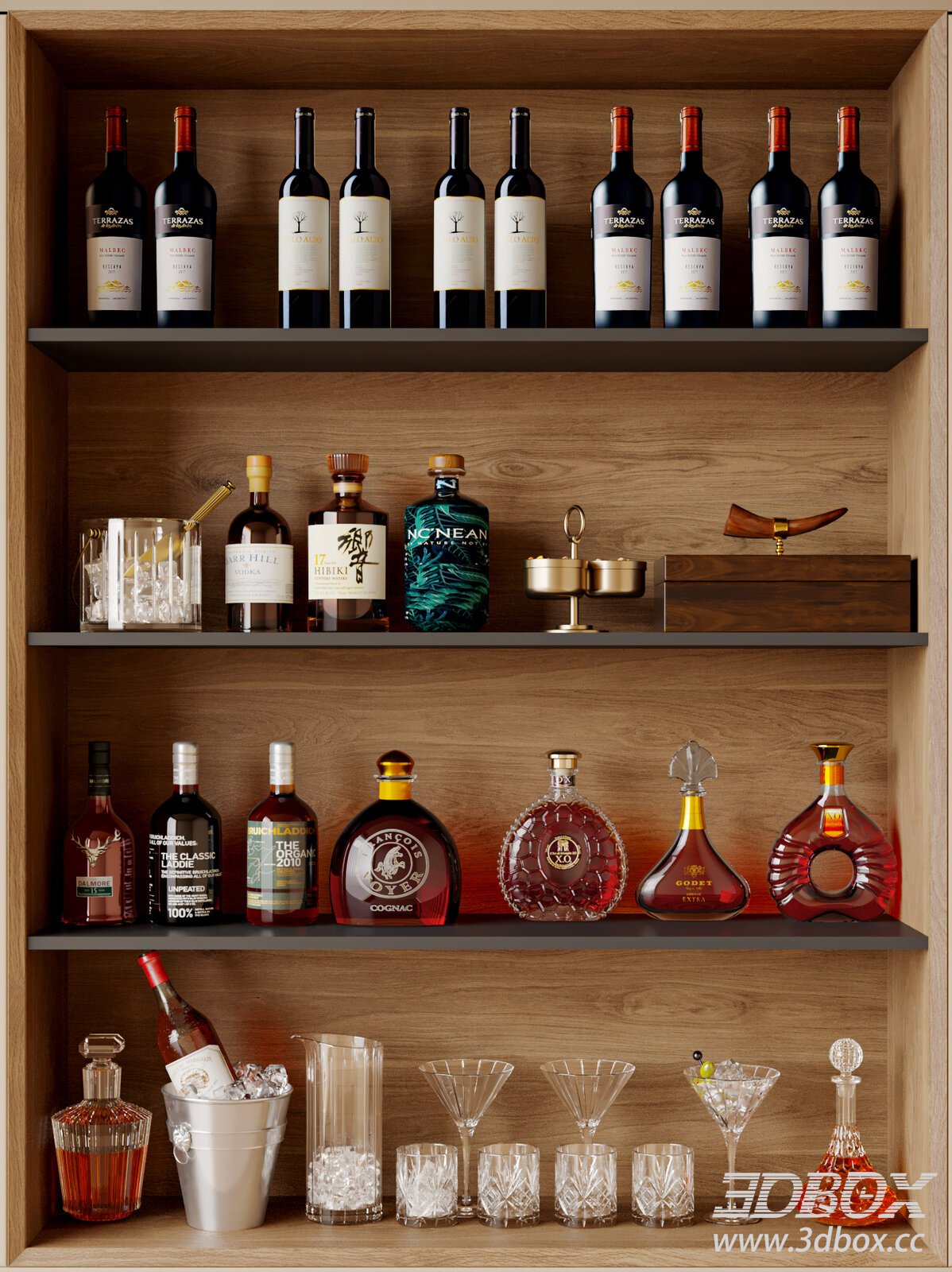 Modern Wine Cabinet with Bottles and Glasses 3D model - thumbnail 1