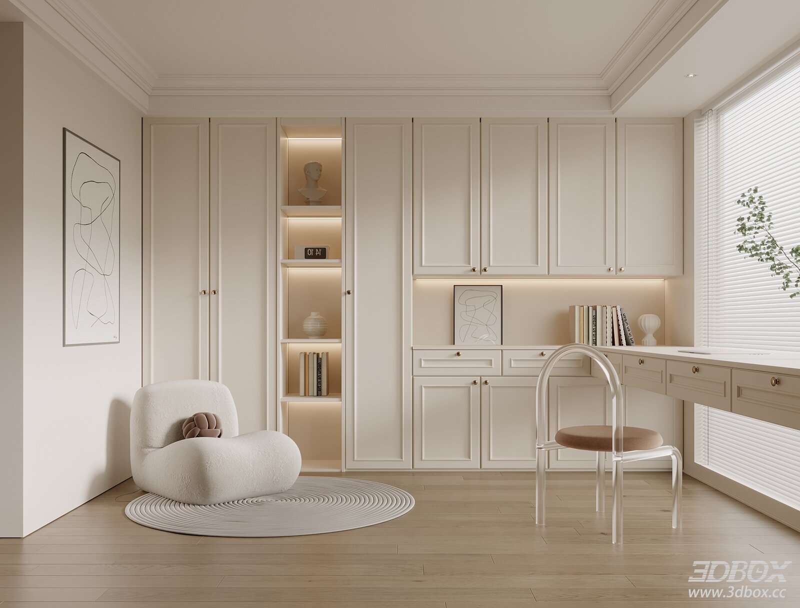 Modern Bedroom with Sofa, Chair and Cabinet 3D model - front view