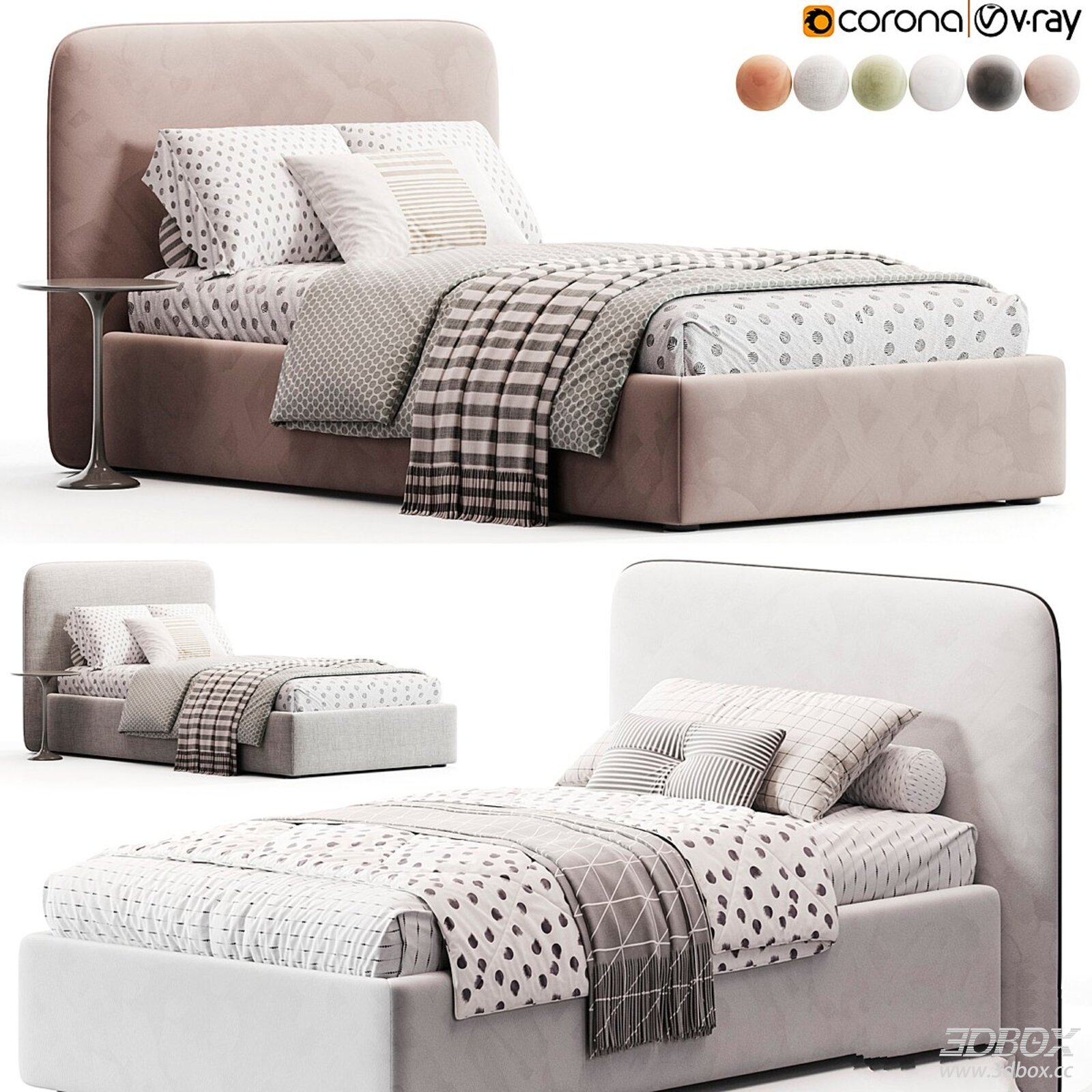 Modern Double Bed with Fabric Upholstery 3D model - front view
