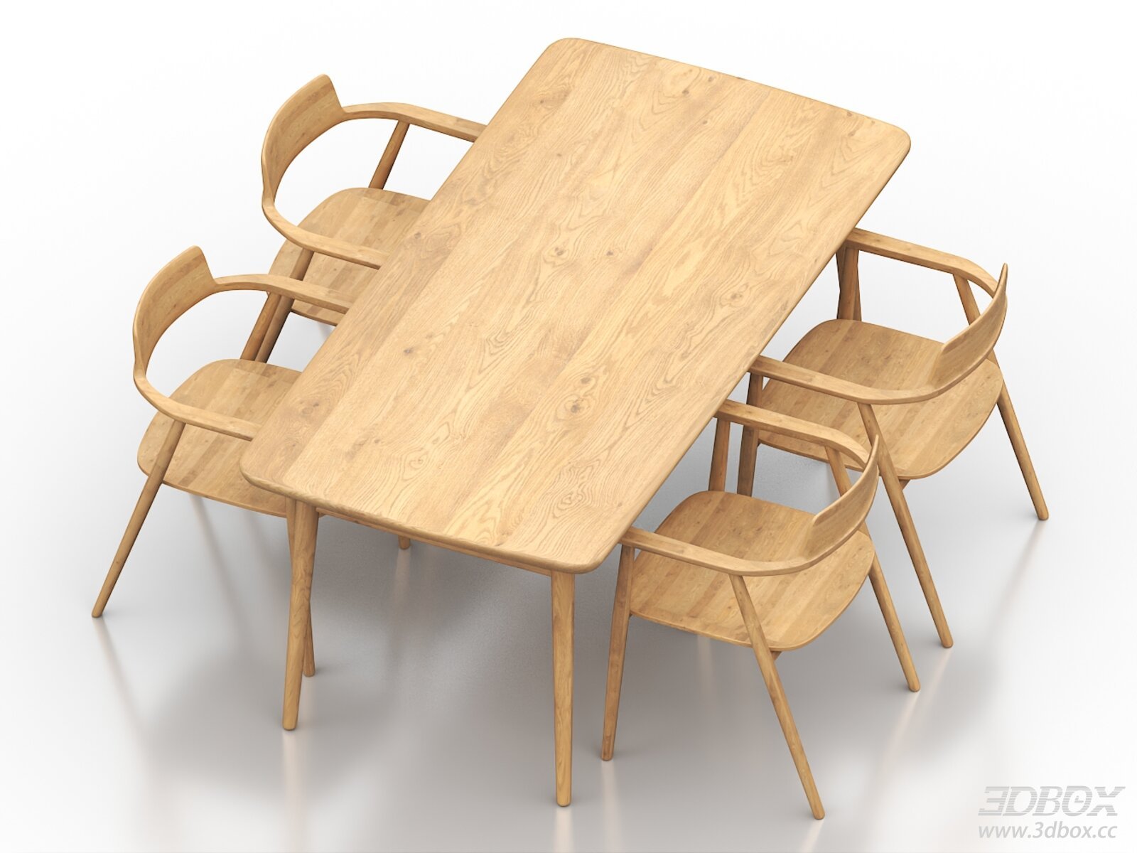 Modern Wooden Dining Table and Chairs 3D model - front view