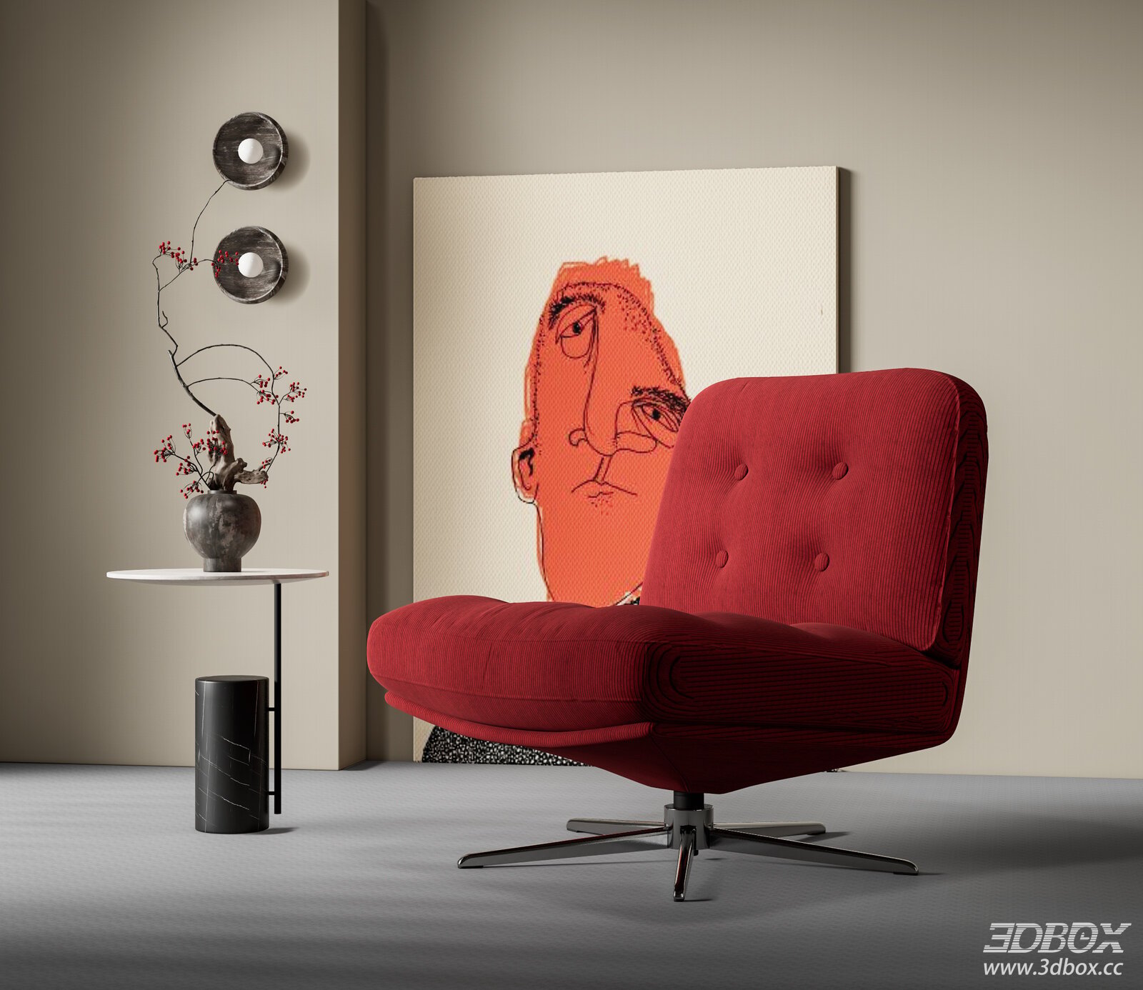 Modern Red Fabric Armchair in Living Room Setting 3D model - front view