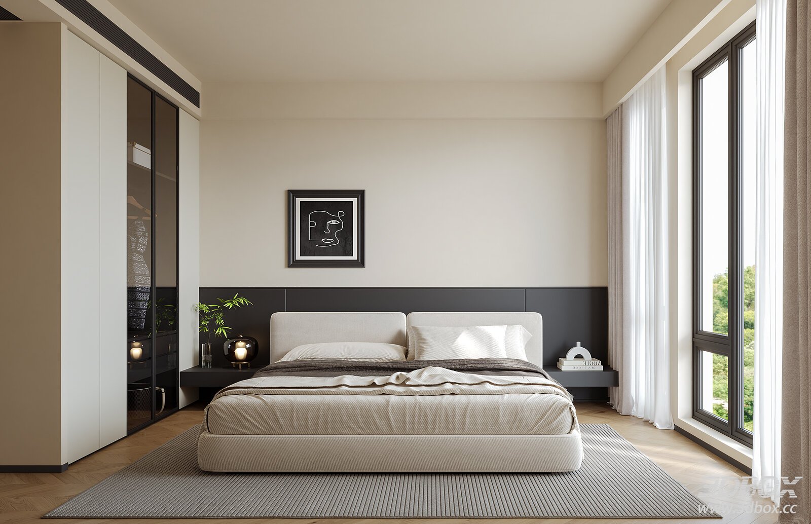 Modern Bedroom Interior with Bed and Cabinet 3D model - front view