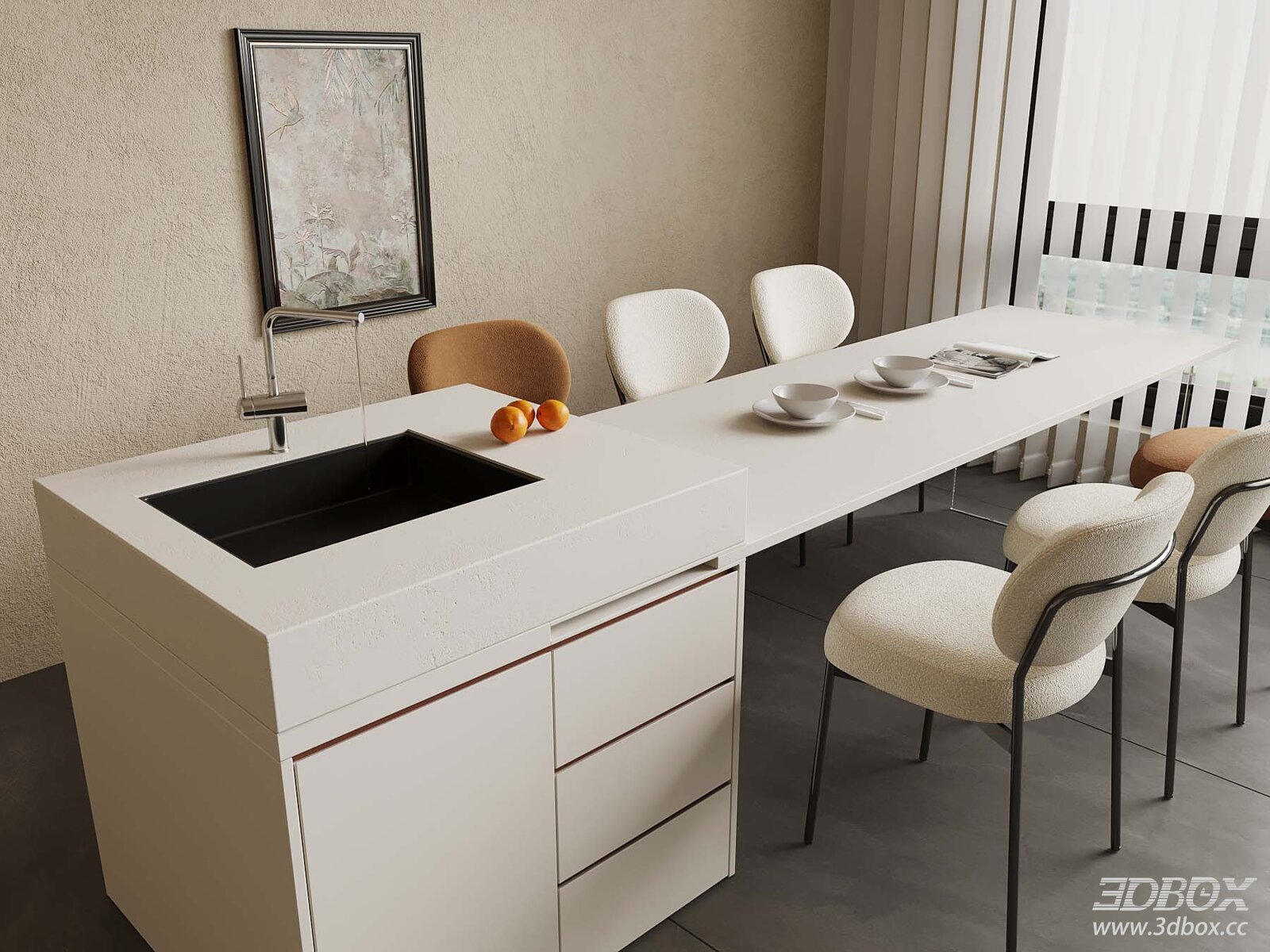 Modern Kitchen - Dining Table and Chairs 3D model - front view