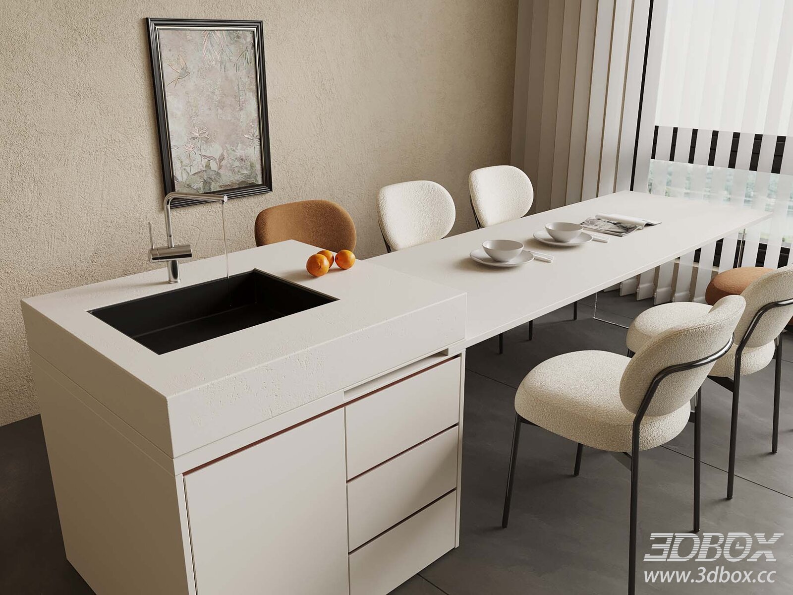 Modern Kitchen - Dining Table and Chairs 3D model - thumbnail 1