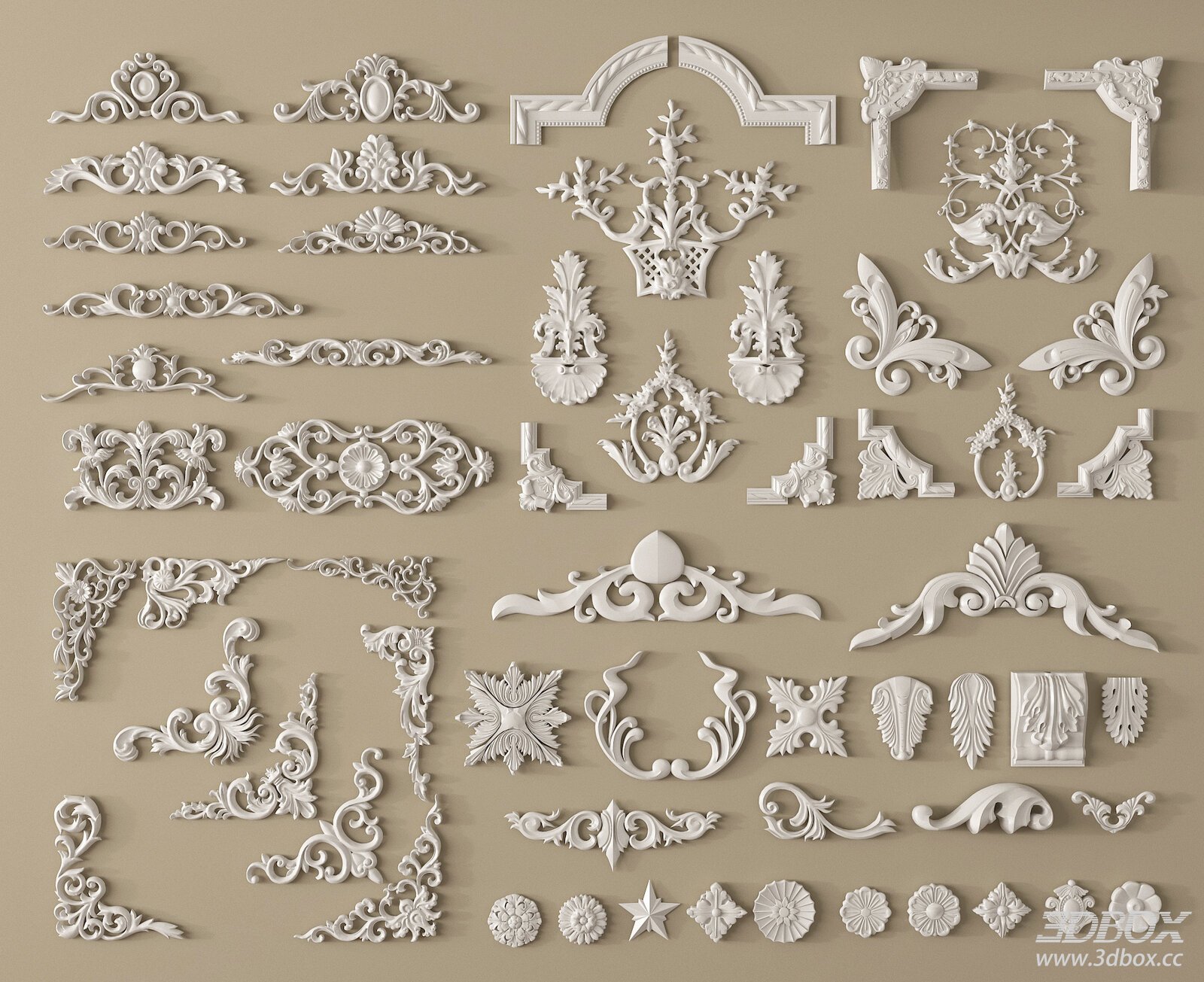 Ornate Decorative Plaster Set 3D model - front view
