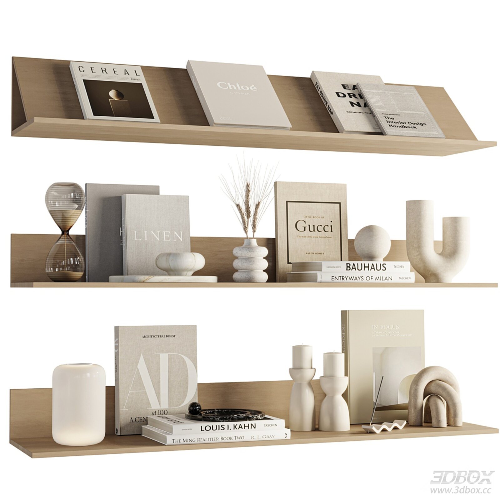 Wooden Shelf with Books and Decorations 3D model - front view