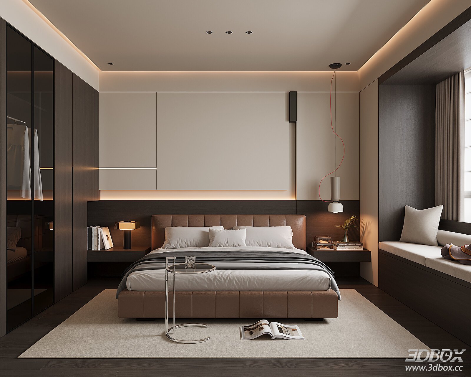 Modern Bedroom Interior with Bed and Nightstands 3D model - front view