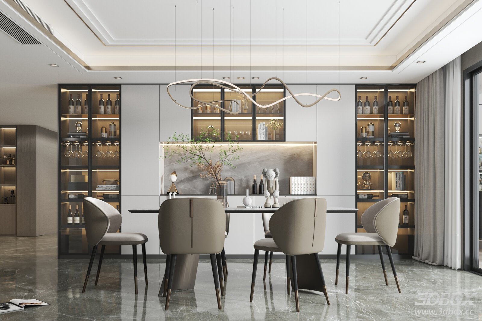Modern Dining Room with Marble Table and Chairs 3D model - front view
