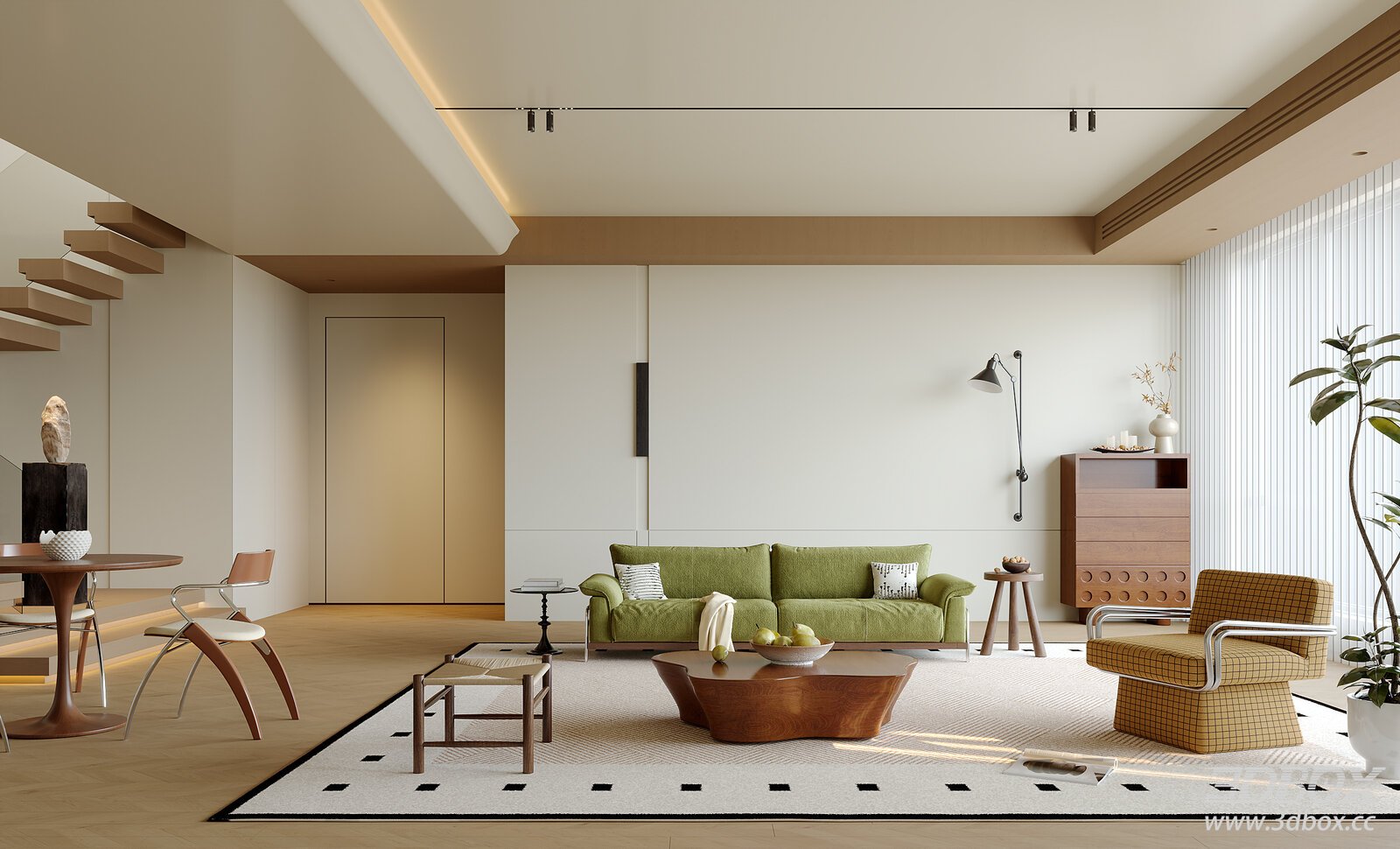 Modern Living Room with Green Sofa 3D model - front view