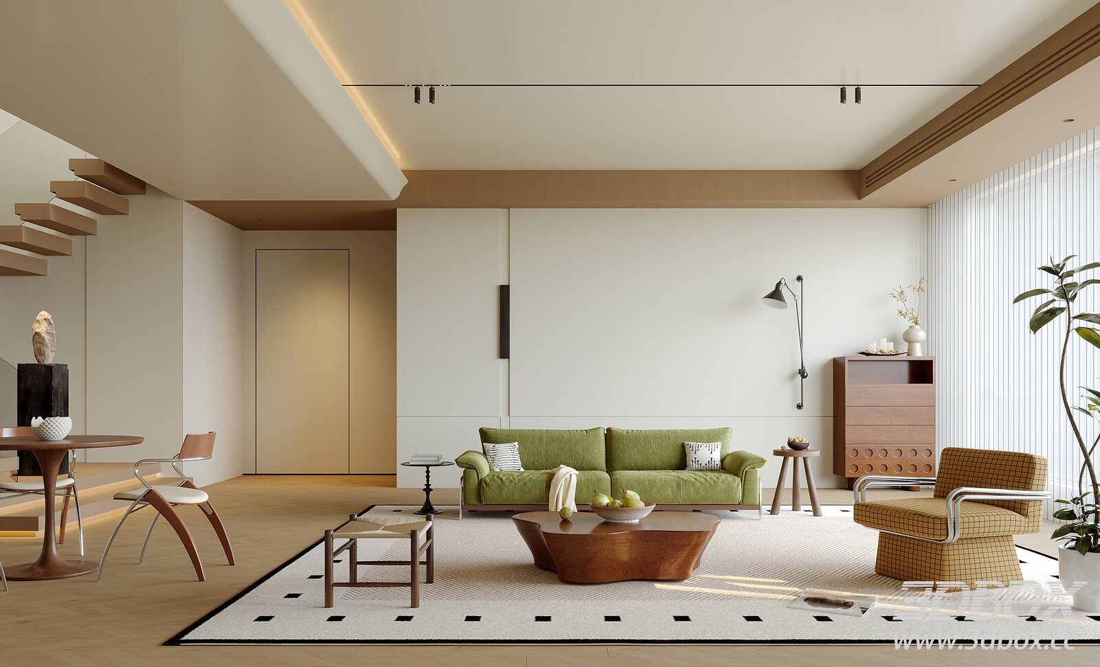 Modern Living Room with Green Sofa 3D model - thumbnail 1