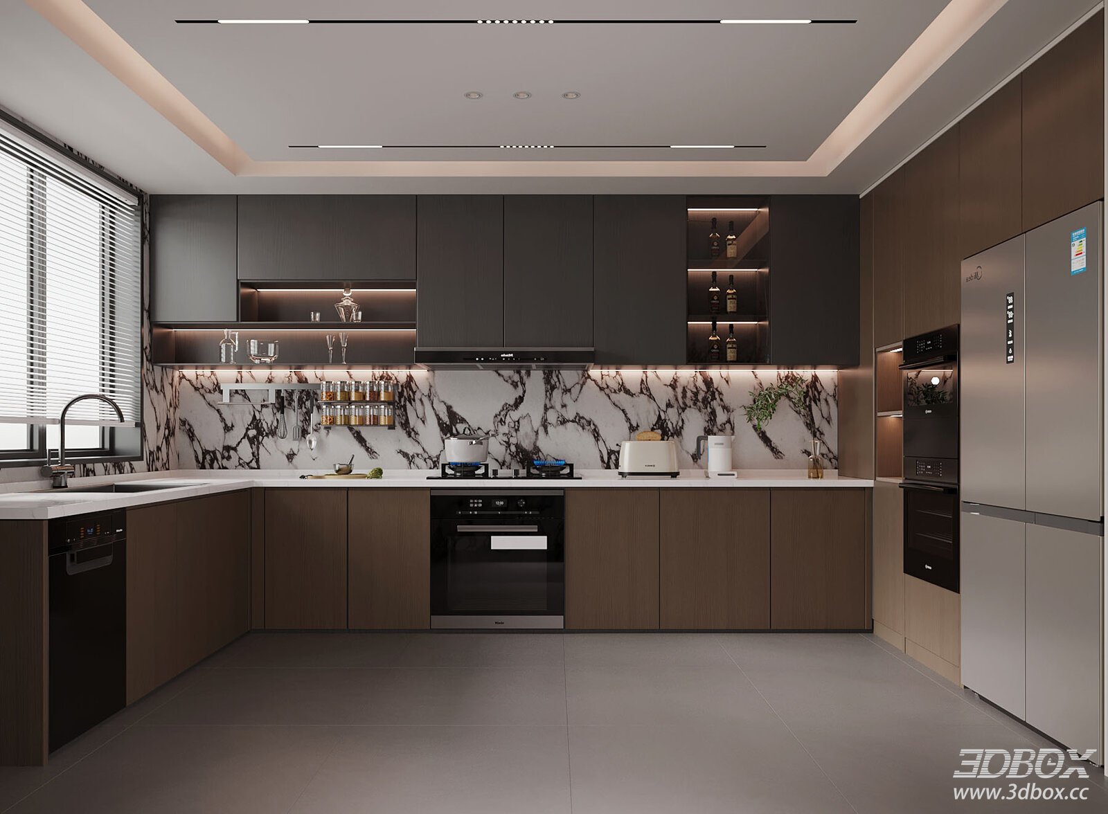 Modern Kitchen Interior with Wooden Cabinets 3D model - front view