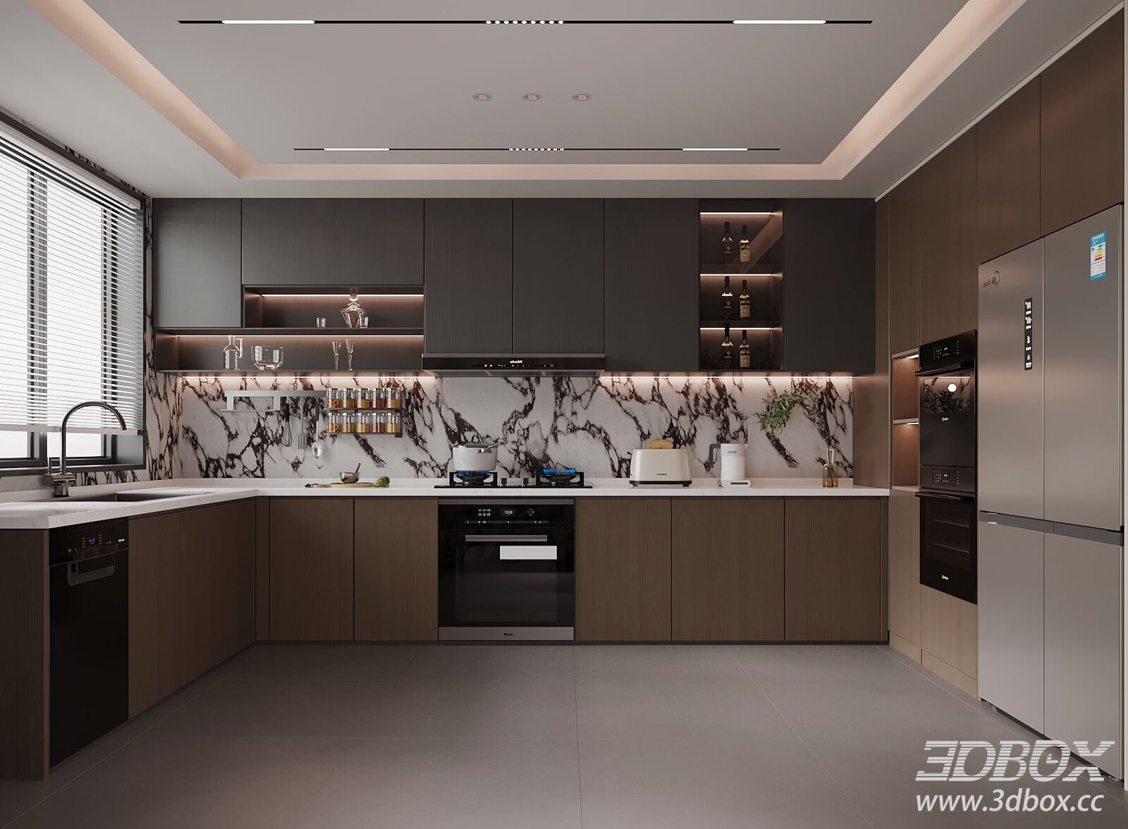 Modern Kitchen Interior with Wooden Cabinets 3D model - thumbnail 1