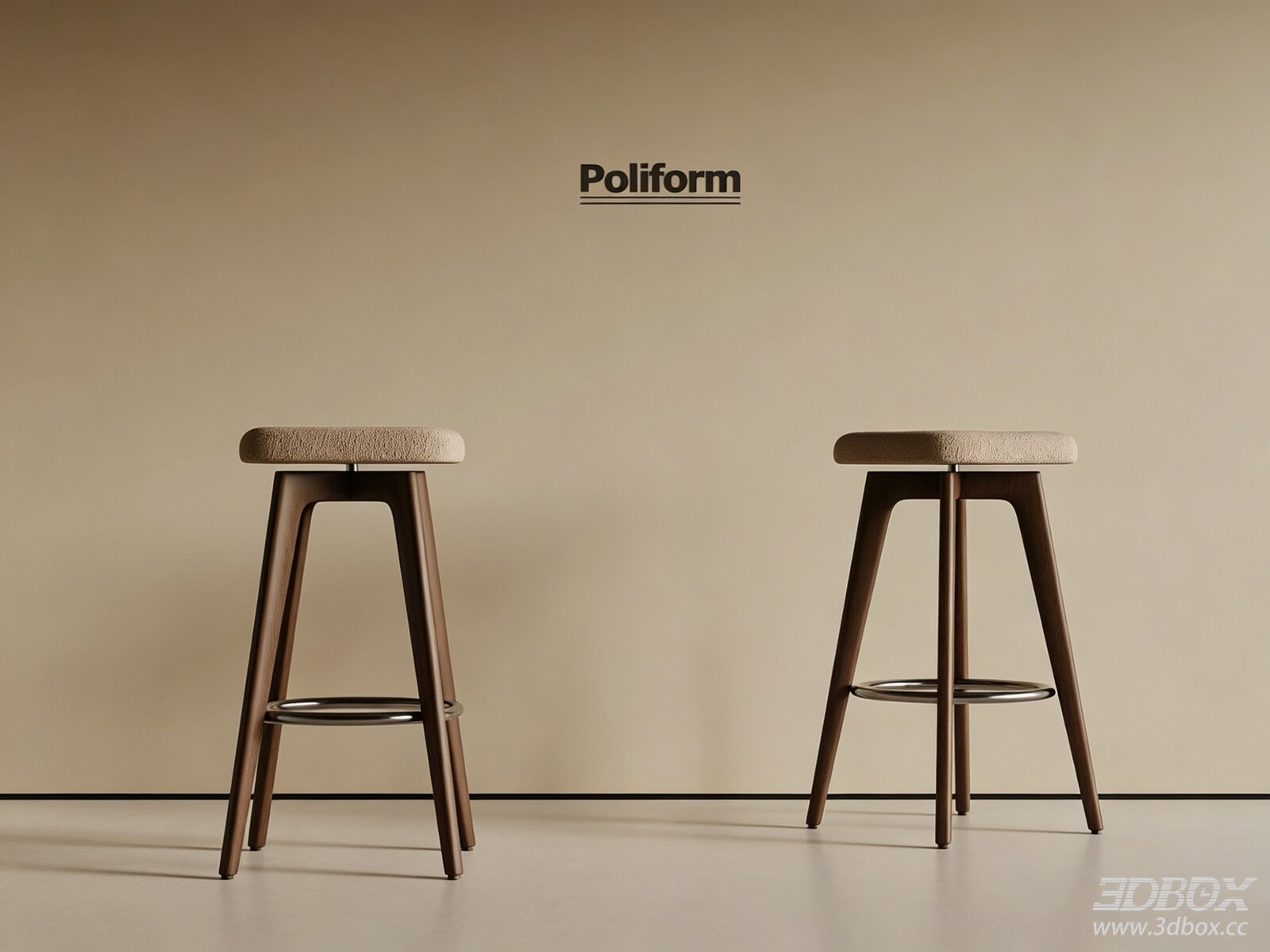Modern Wooden Fabric Stools 3D model - front view