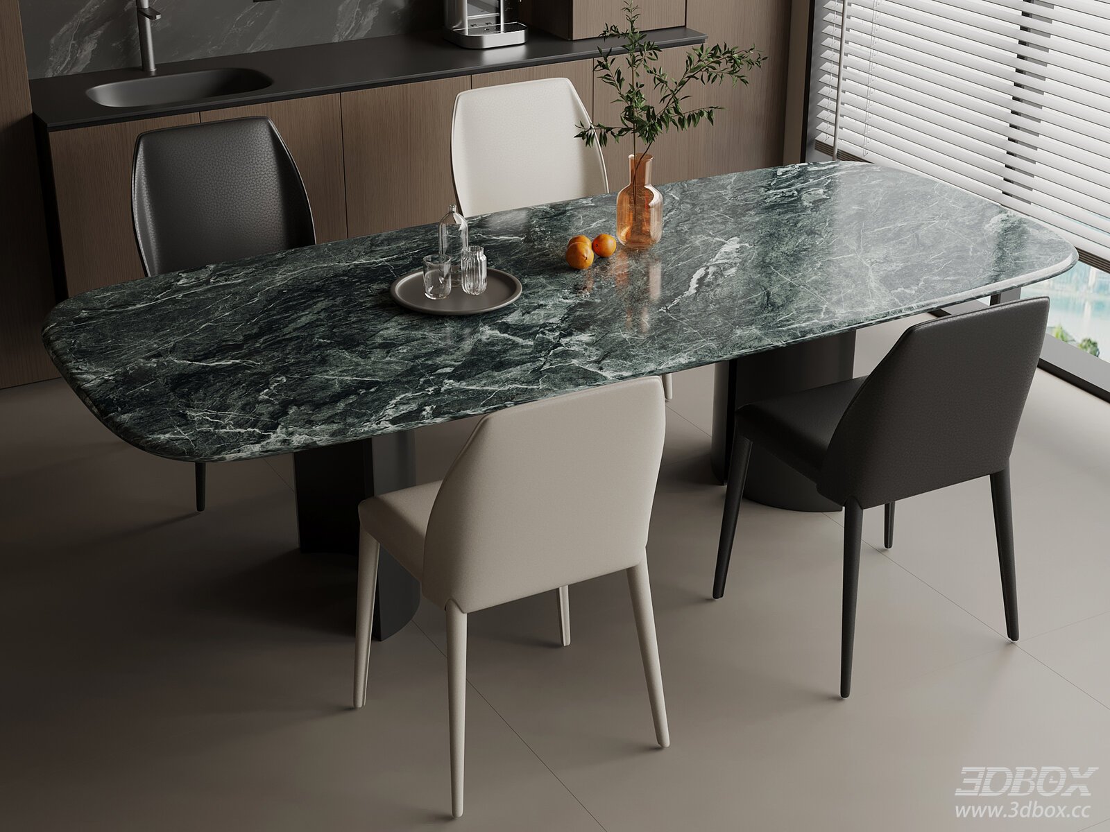 Modern Marble Dining Table with Chairs 3D model - thumbnail 1