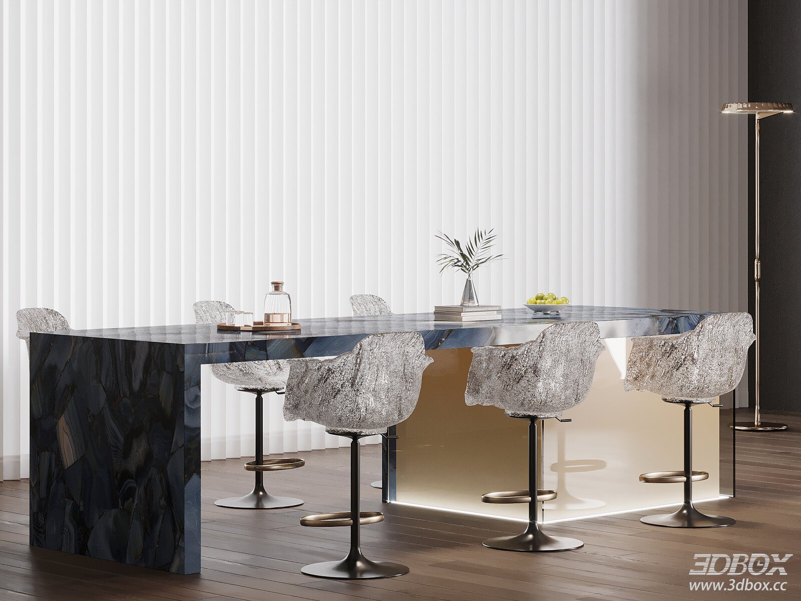 Modern Marble Bar Counter with Chairs 3D model - front view