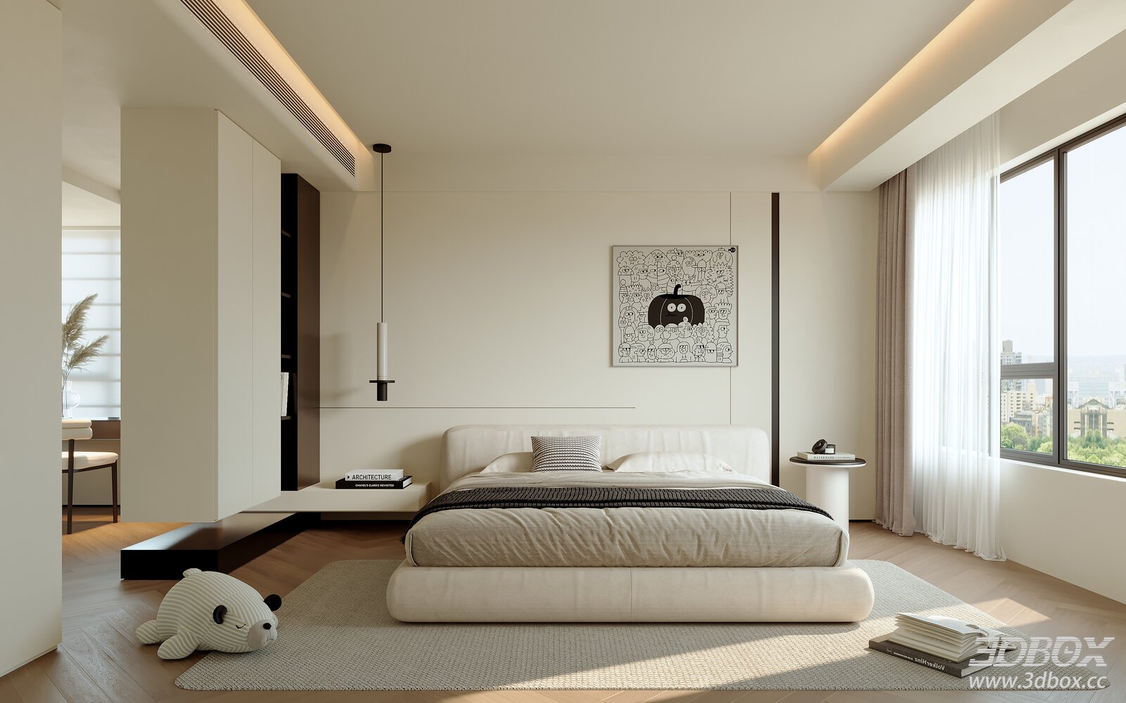 Modern Bedroom with Bed and Nightstands 3D model - thumbnail 1