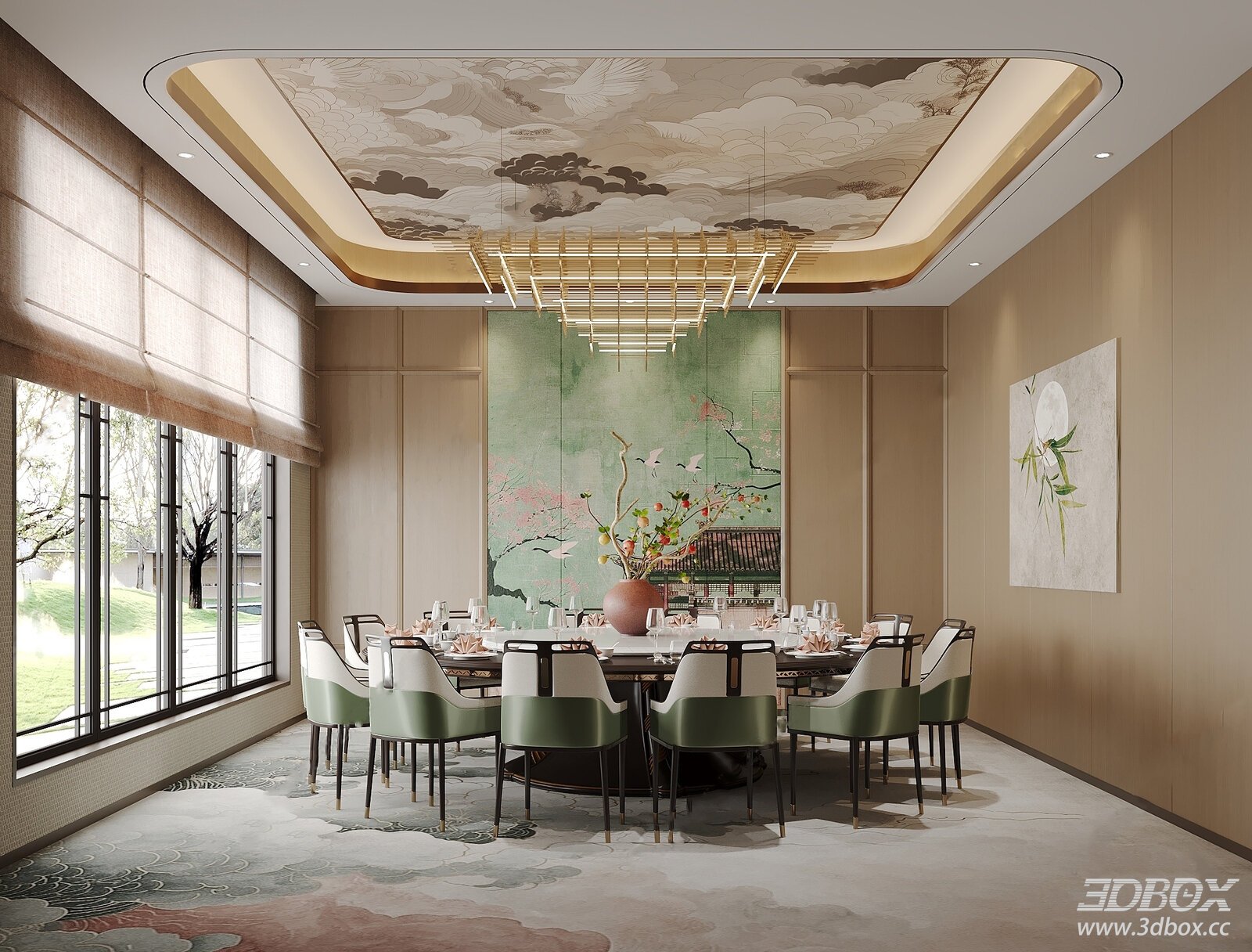Elegant Modern Dining Room with Artistic Ceiling 3D model - front view
