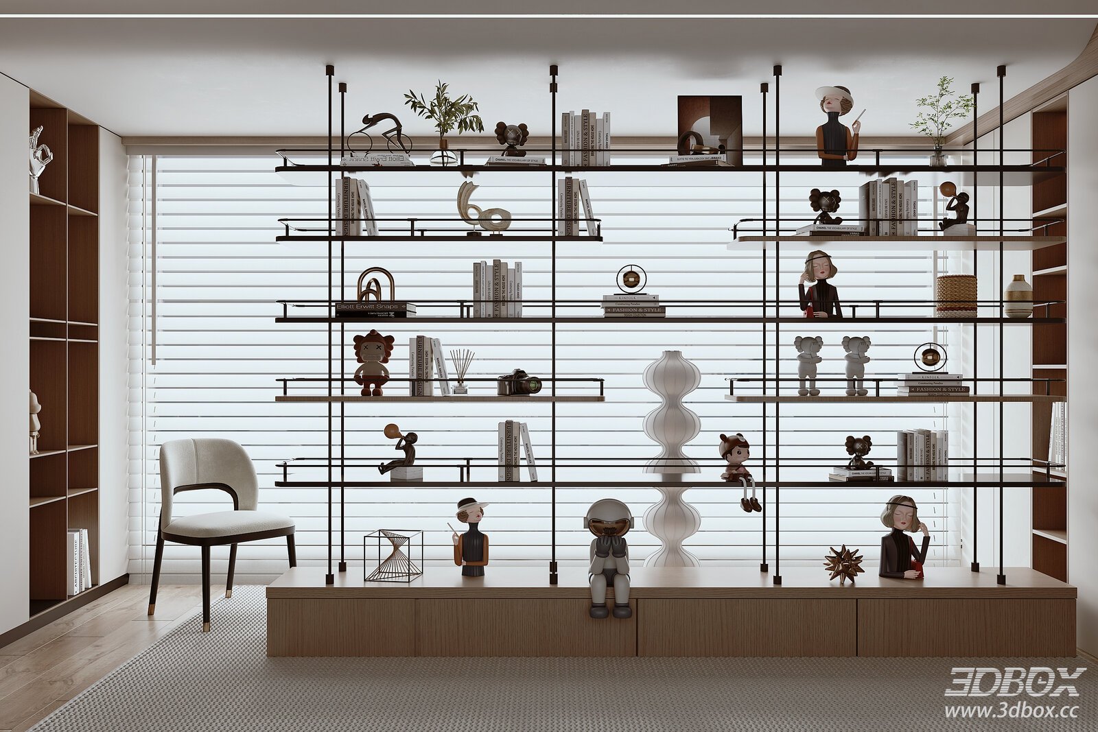 Modern Interior with Display Shelves and Decor 3D model - front view