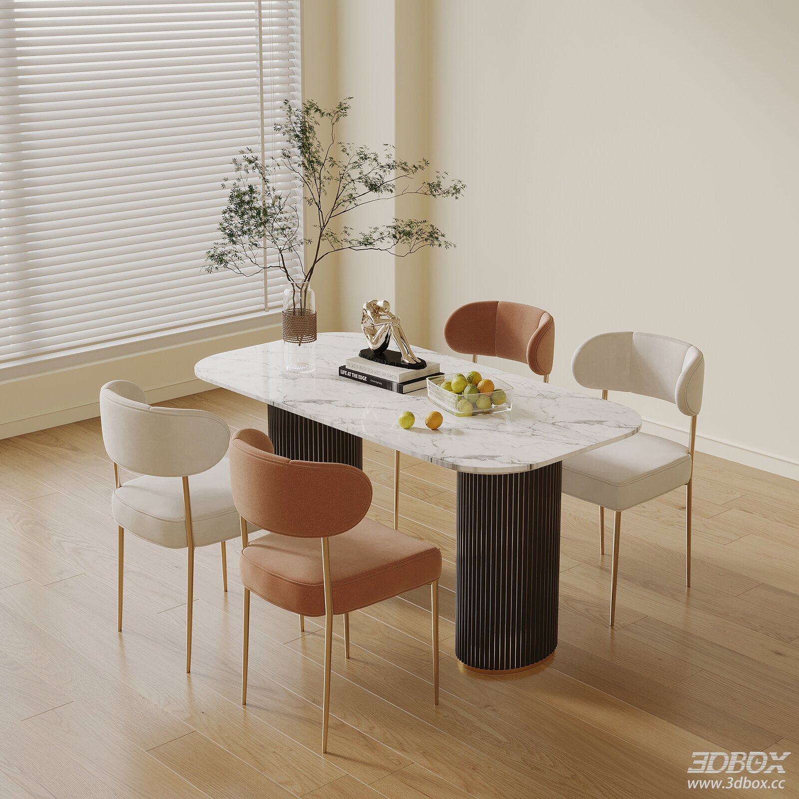 Modern Dining Table and Chairs in a Light - Filled Room 3D model - front view