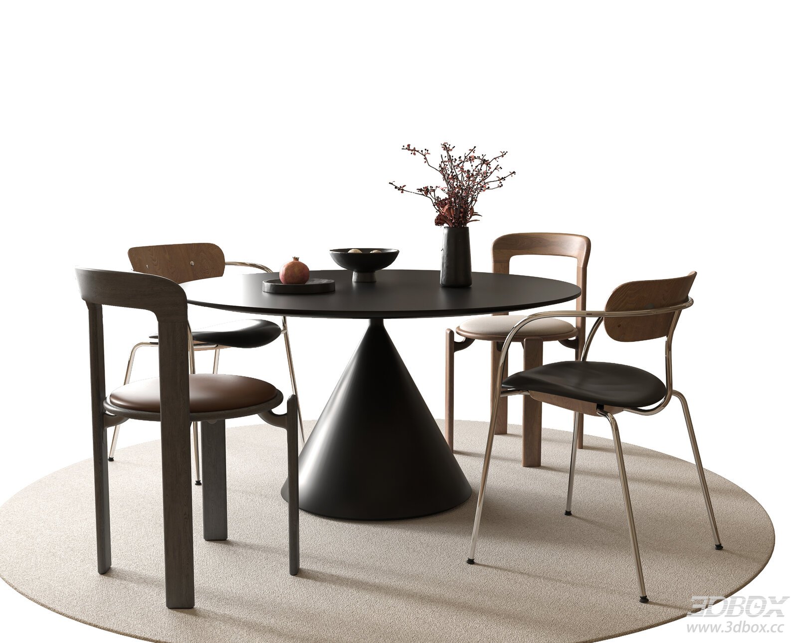 Modern Round Dining Table and Chairs 3D model - front view