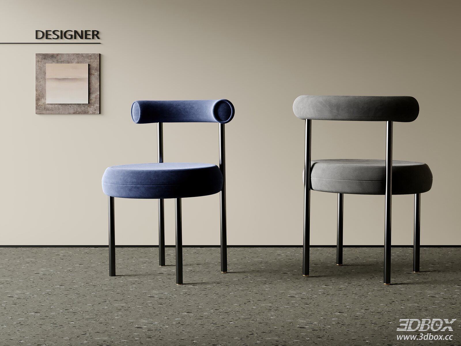 Modern Velvet and Metal Chair 3D model - thumbnail 1