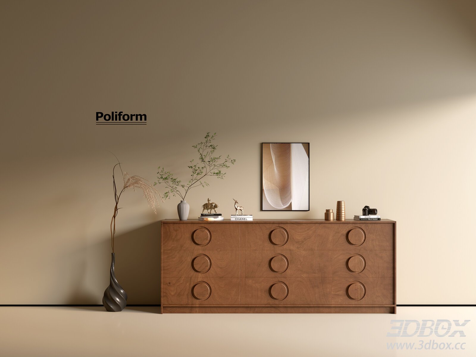 Modern Wooden Sideboard in Minimalist Style 3D model - thumbnail 1