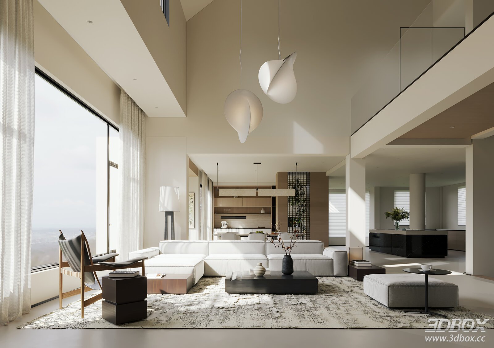 Modern Minimalist Villa Living - Dining Room 3D model - thumbnail 1