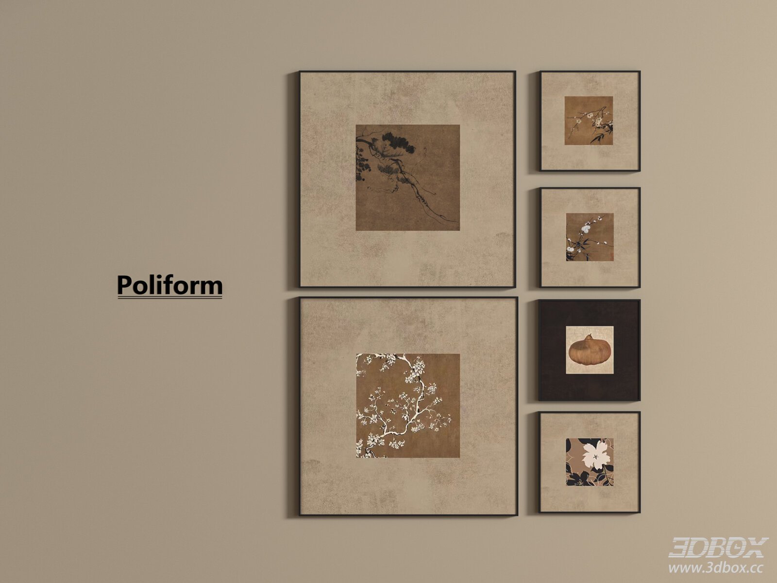 Vintage - style Framed Decorative Paintings Set 3D model - front view