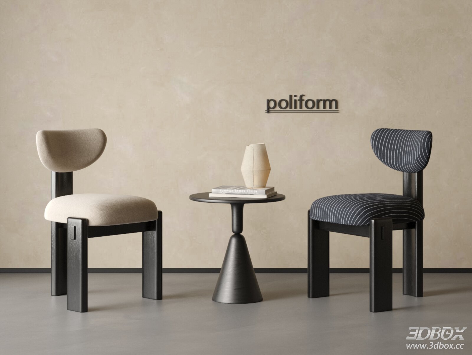 Modern Armchairs with Side Table and Decoration 3D model - front view