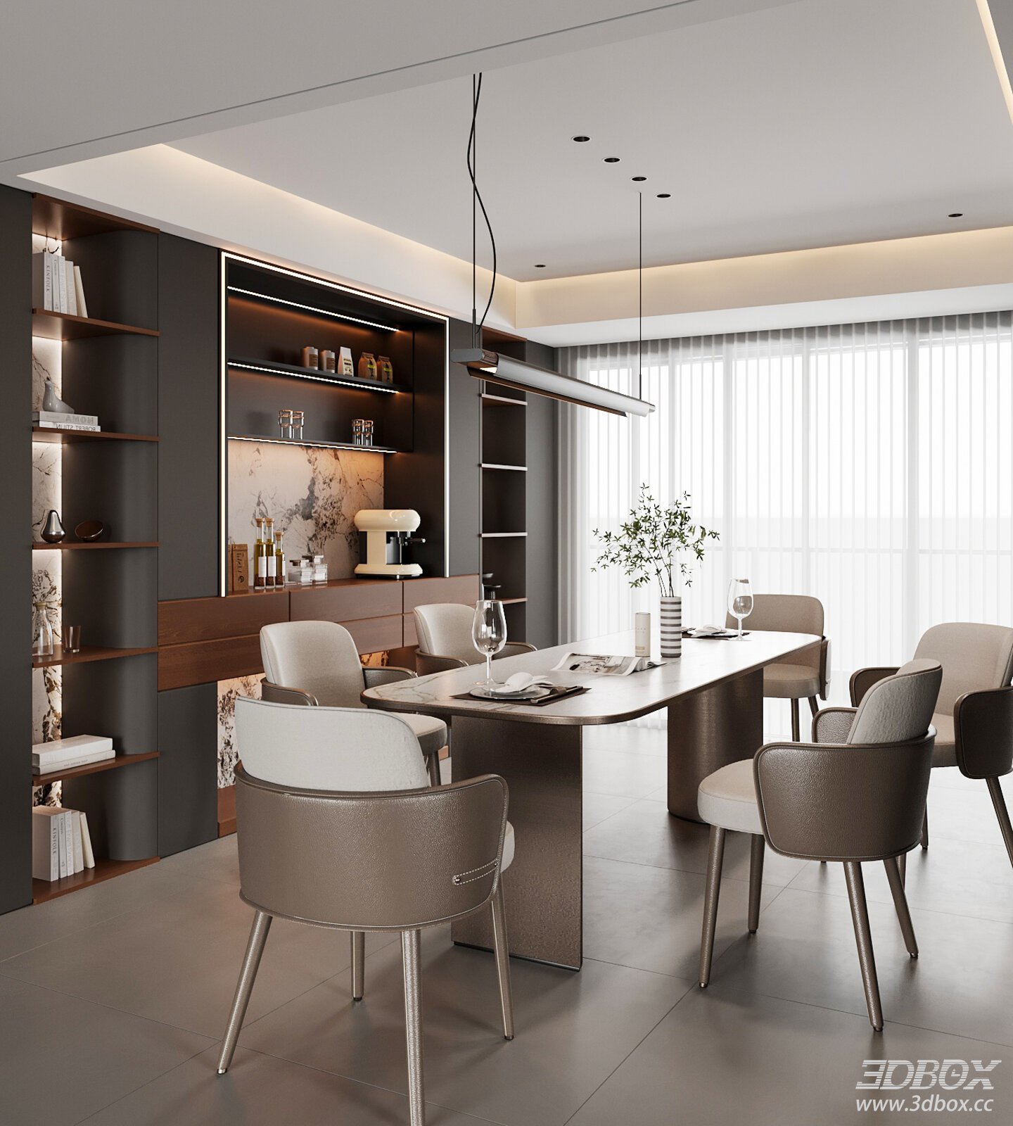 Modern Dining Table and Chairs Set with Cabinet 3D model - front view