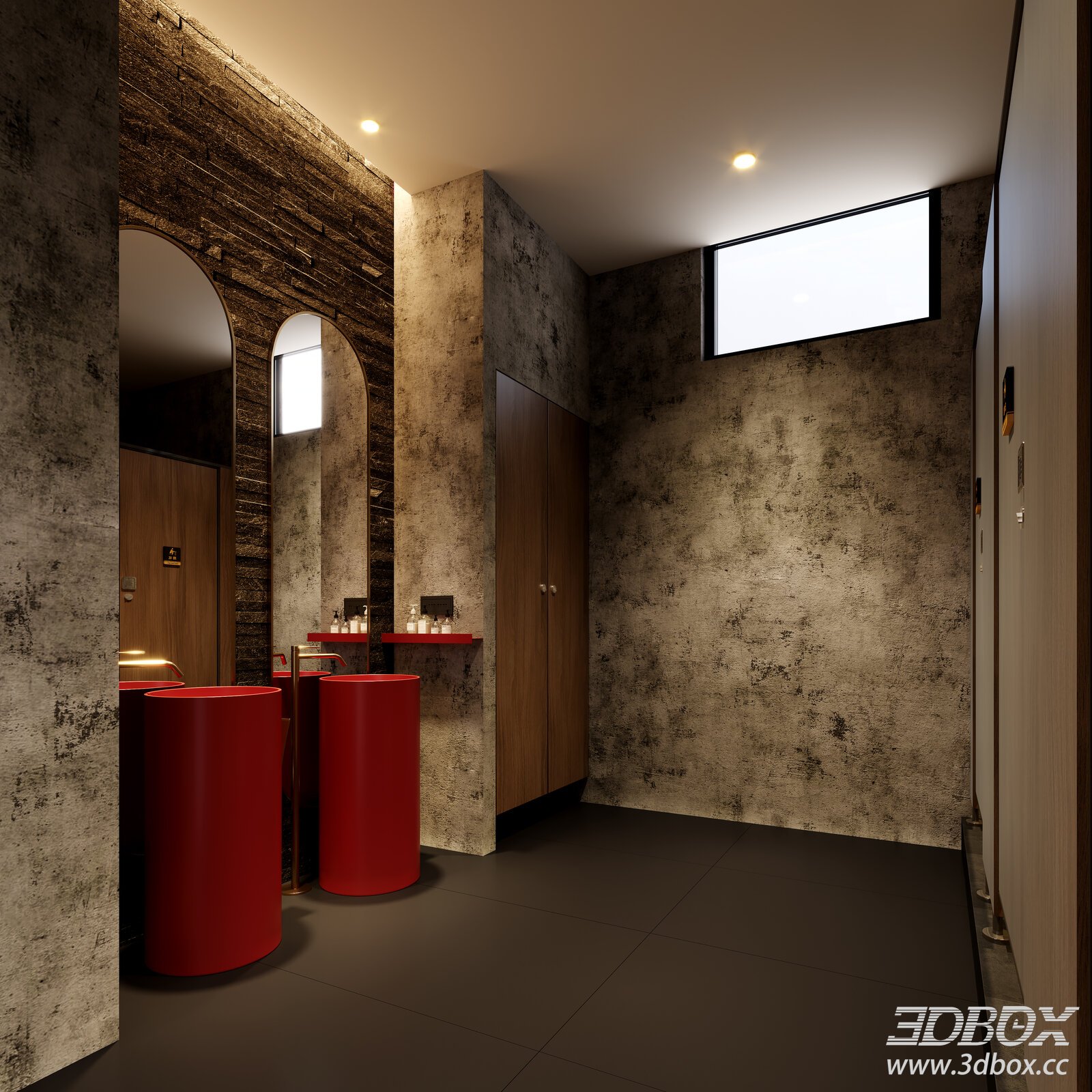 Modern Bathroom with Red Sinks and Mirrors 3D model - thumbnail 1