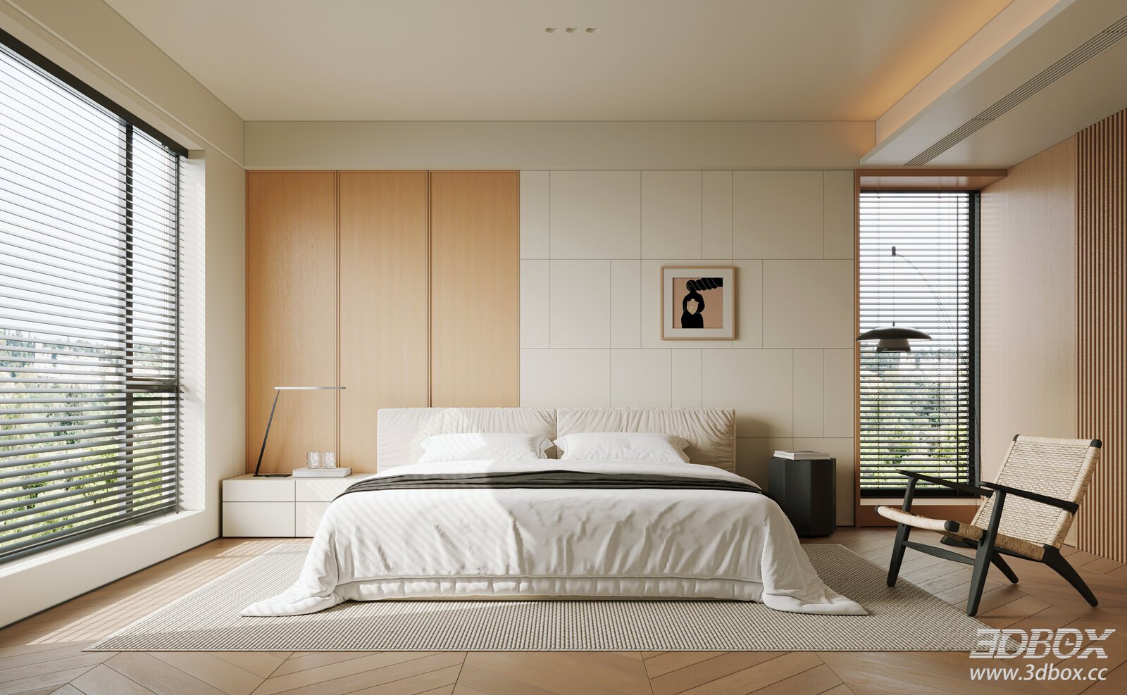 Modern Minimalist Wooden Bedroom with Bay Window 3D model - front view
