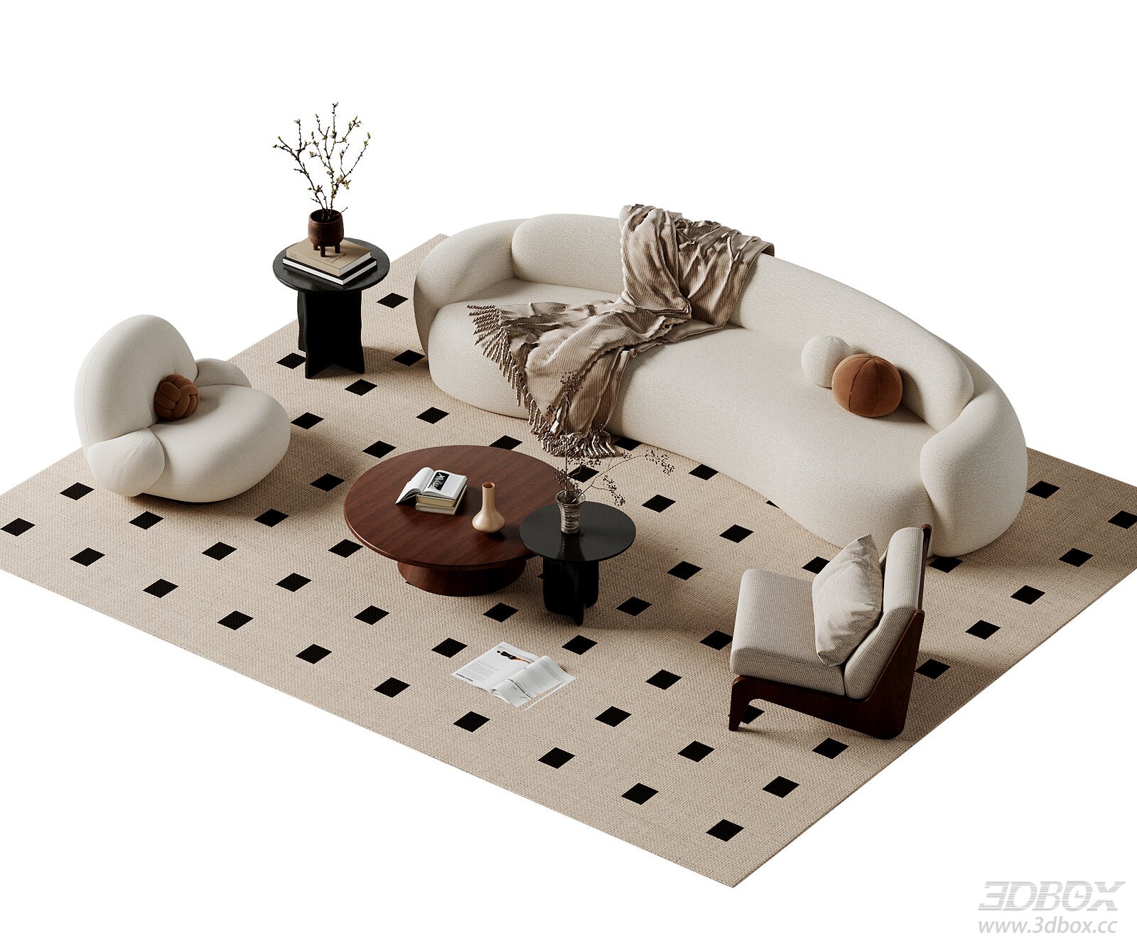 Modern Curved Sofa and Coffee Table Set 3D model - front view