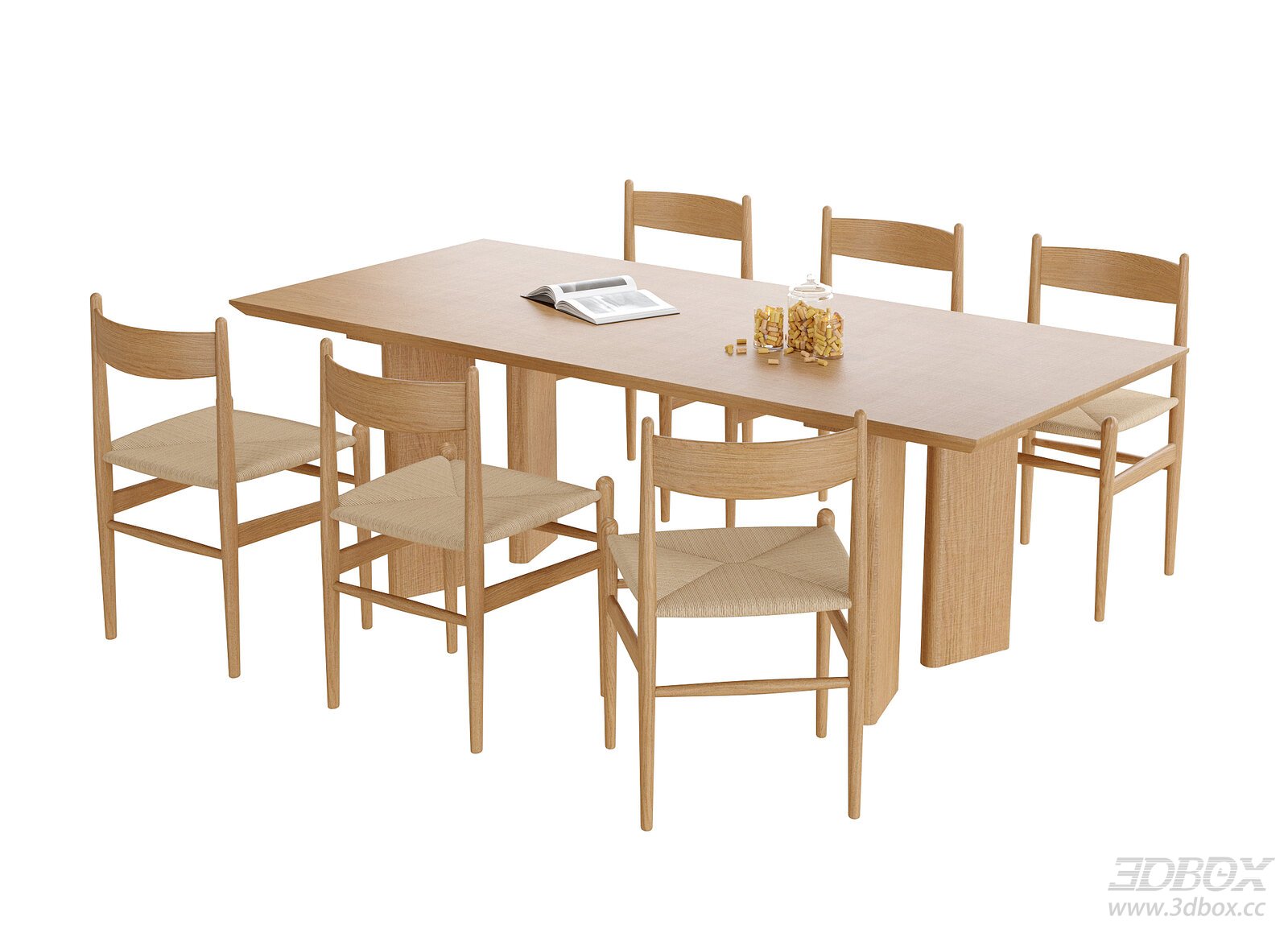 Modern Wooden Dining Table and Chairs Set 3D model - front view