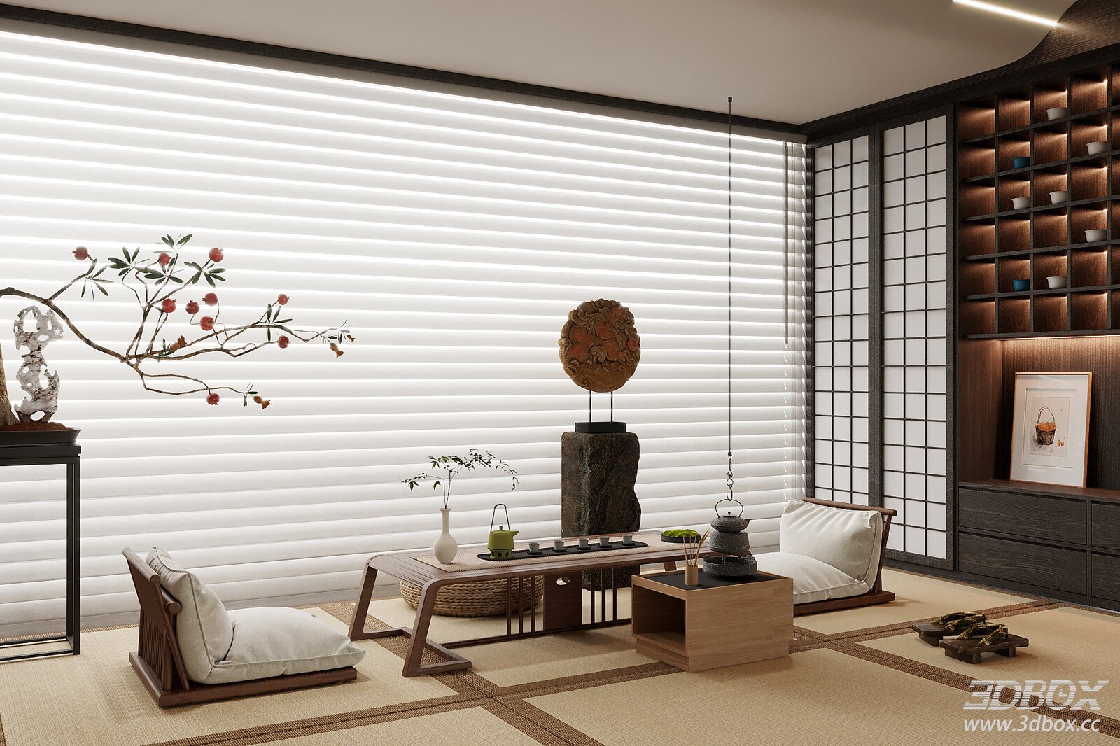Chinese - Style Tea Room with Tea Table and Set 3D model - front view