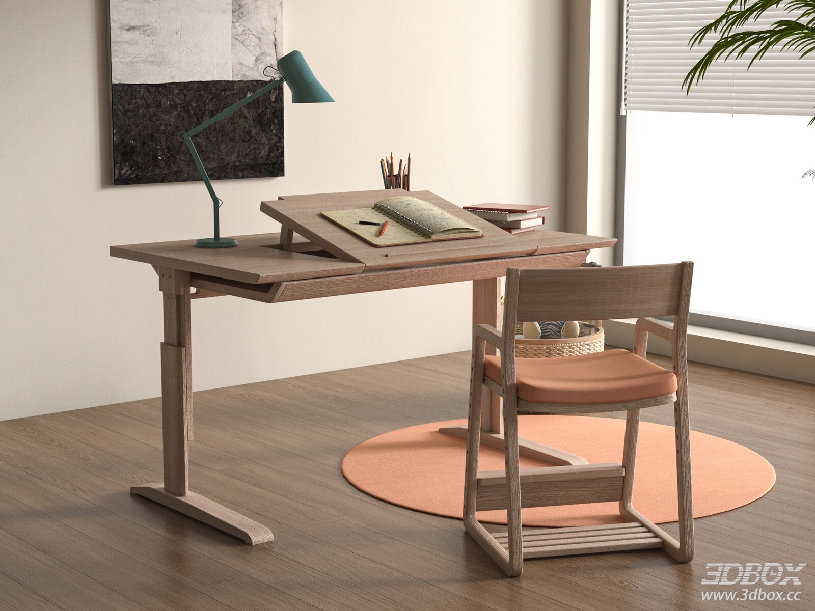 Nordic Desk and Chair Set 3D model - front view