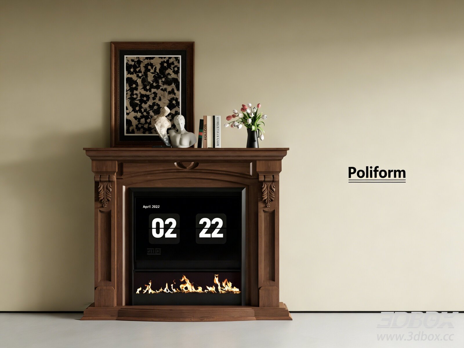 American Vintage Wooden Fireplace 3D model - thumbnail 1