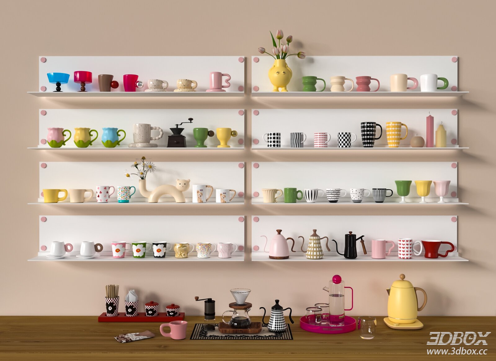 Modern Cup Set with Shelves 3D model - front view